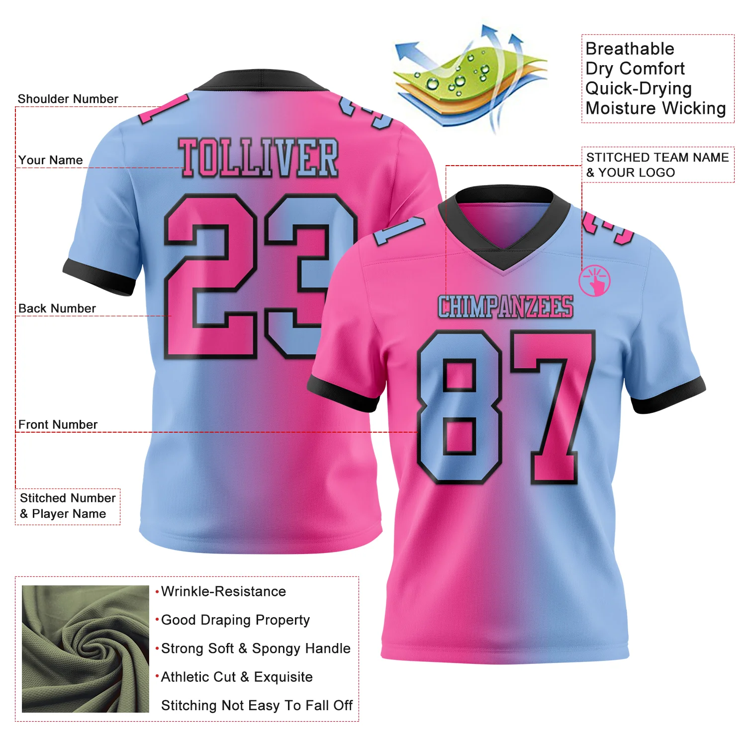 Custom Light Blue Pink-Black Authentic Gradient Fashion Football Jersey