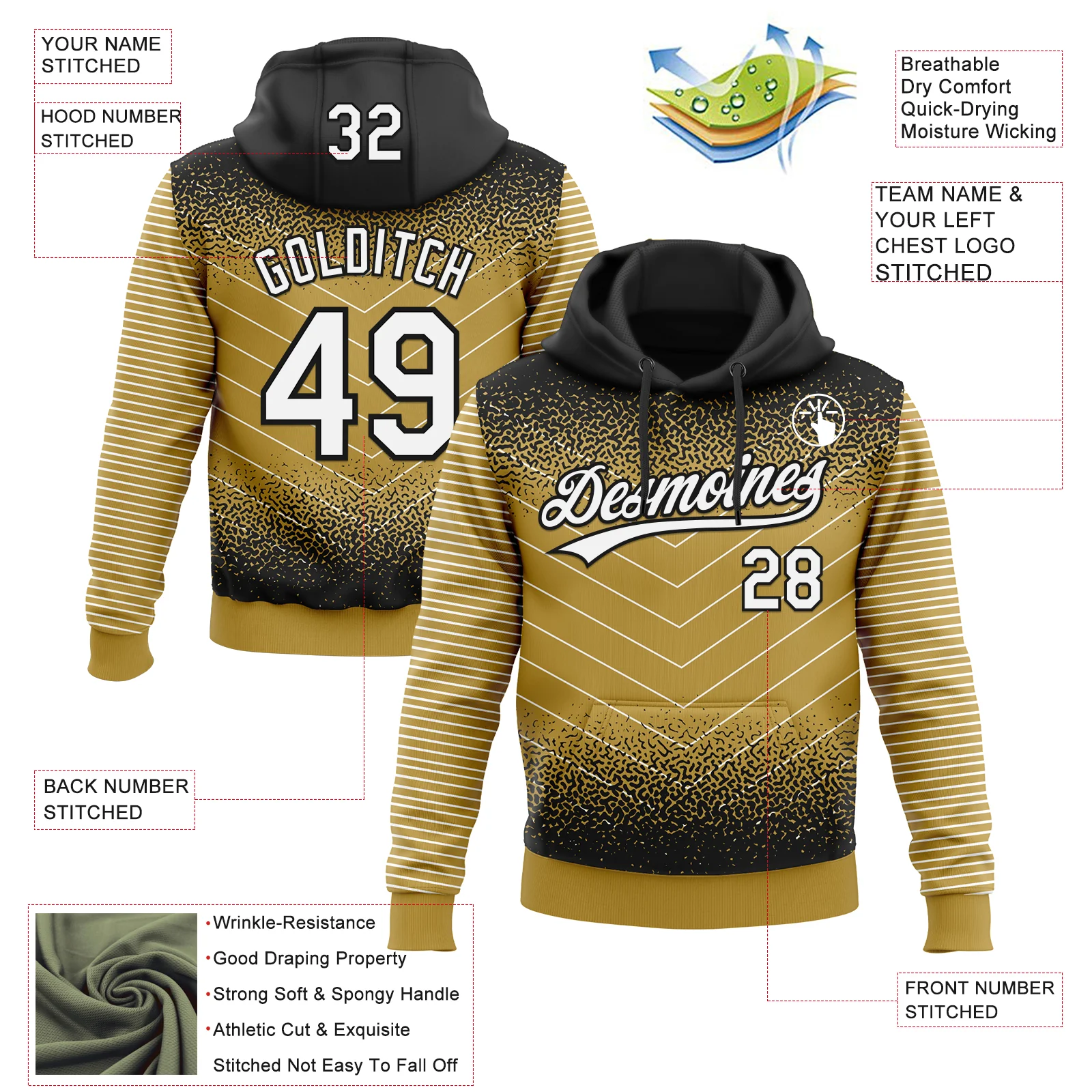 Custom Stitched Black White-Old Gold 3D Pattern Design Line Sportswear Pullover Sweatshirt Hoodie