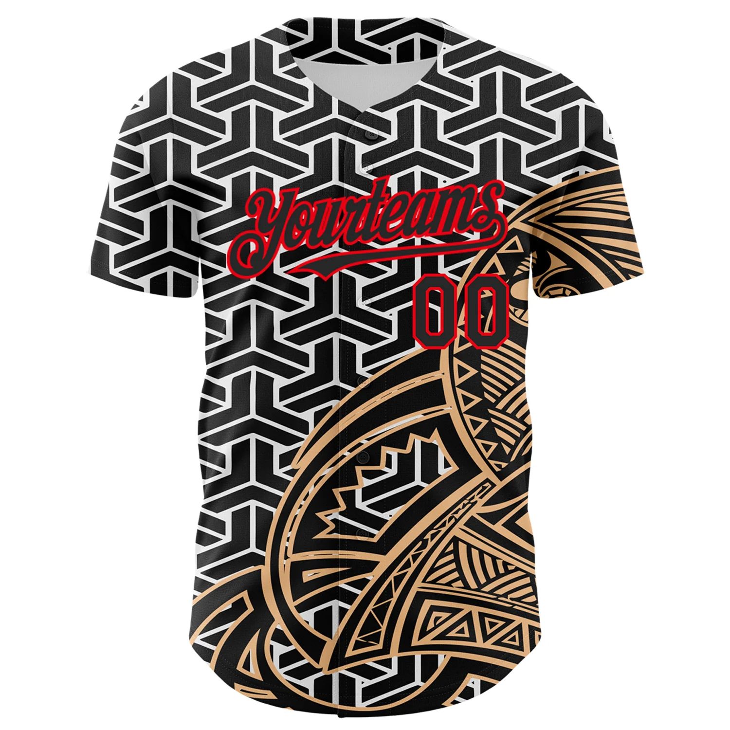 Custom White Black Old Gold-Fire Red 3D Polynesian Style Islander Authentic Baseball Jersey