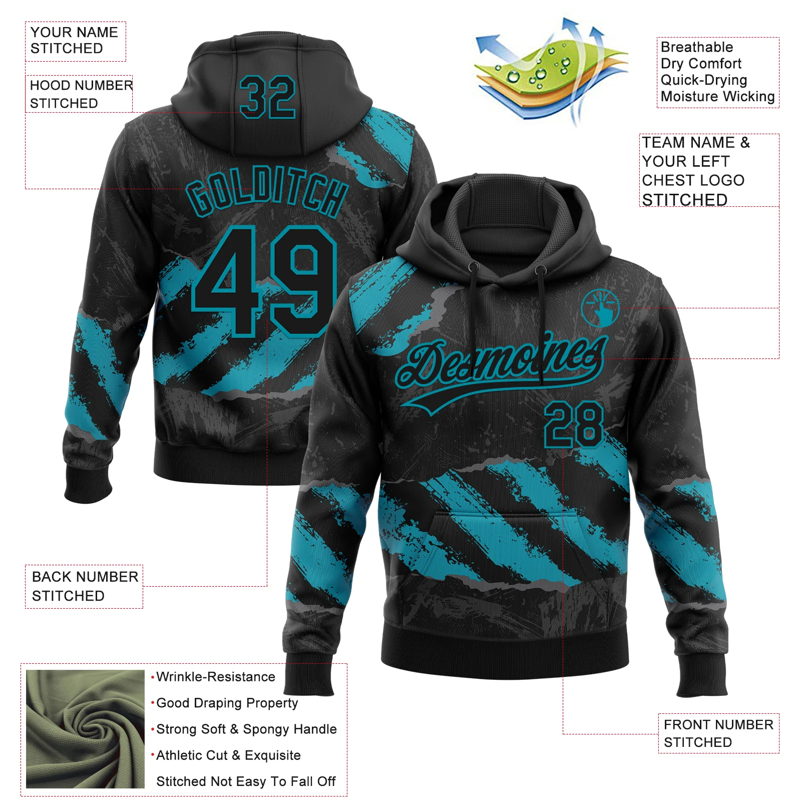 Custom Stitched Black Teal-Steel Gray 3D Pattern Design Splash Sports Pullover Sweatshirt Hoodie
