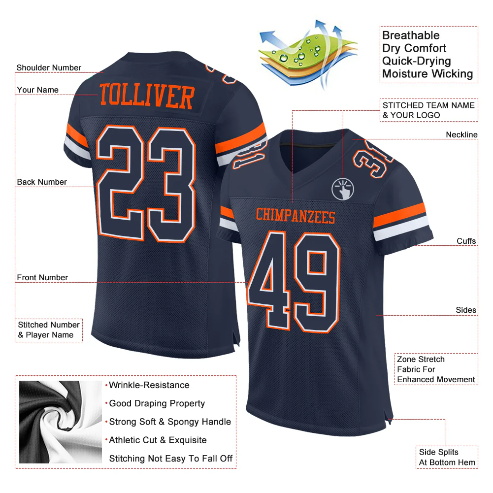 Custom Navy White-Orange Mesh Authentic Football Jersey