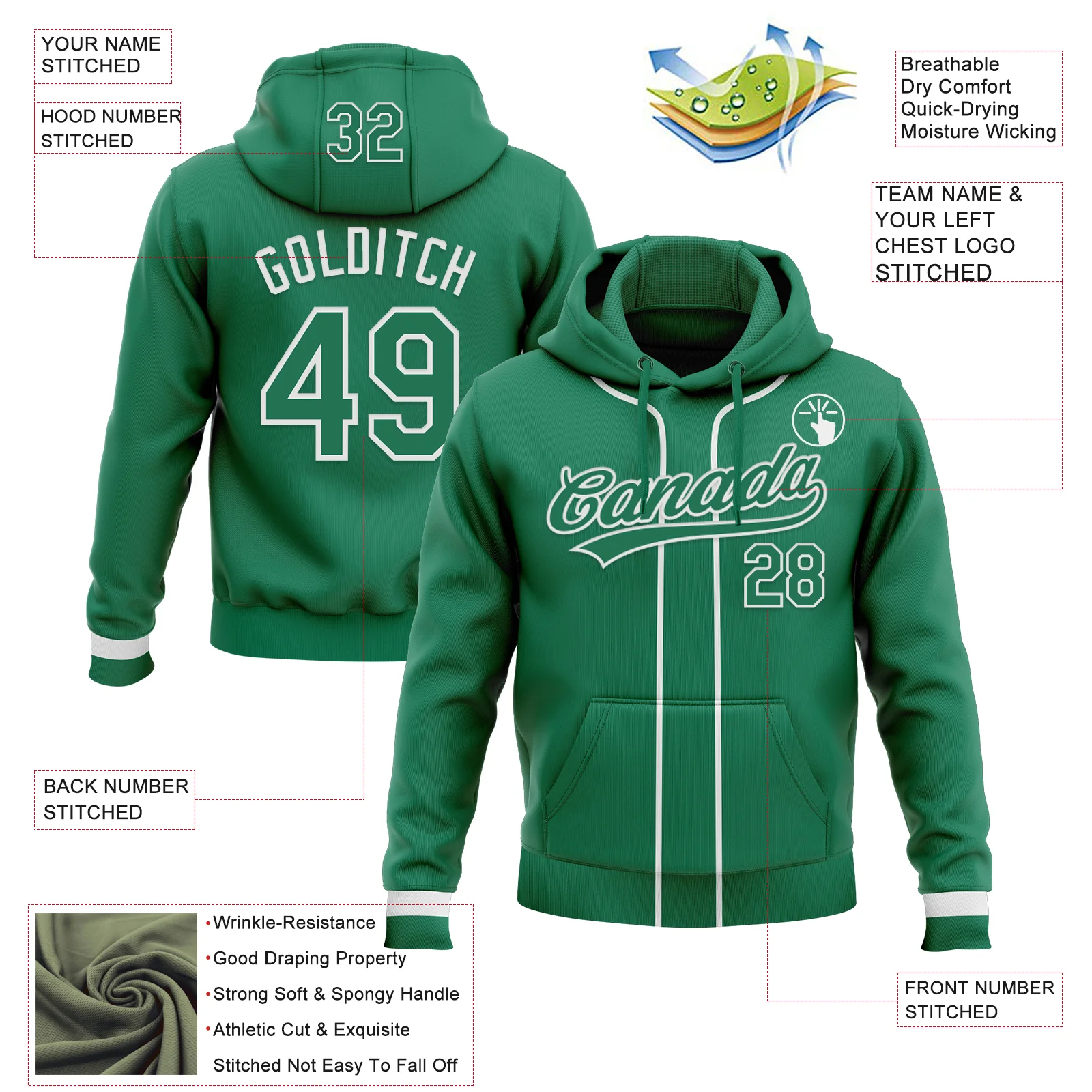 Custom Stitched Kelly Green Kelly Green-White Baseball Pullover Sweatshirt Hoodie