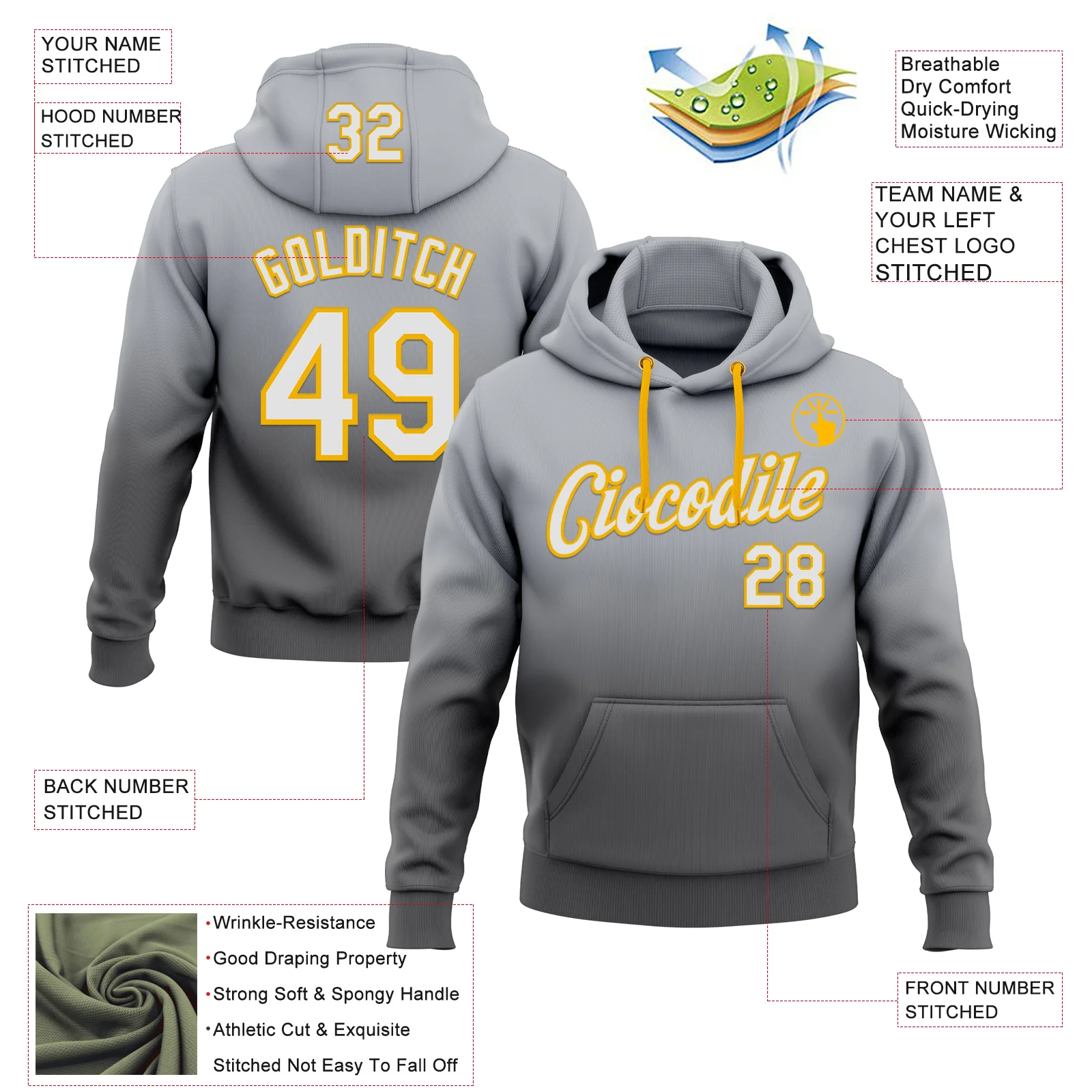 Custom Stitched Gray White Steel Gray-Gold Fade Fashion Sports Pullover Sweatshirt Hoodie