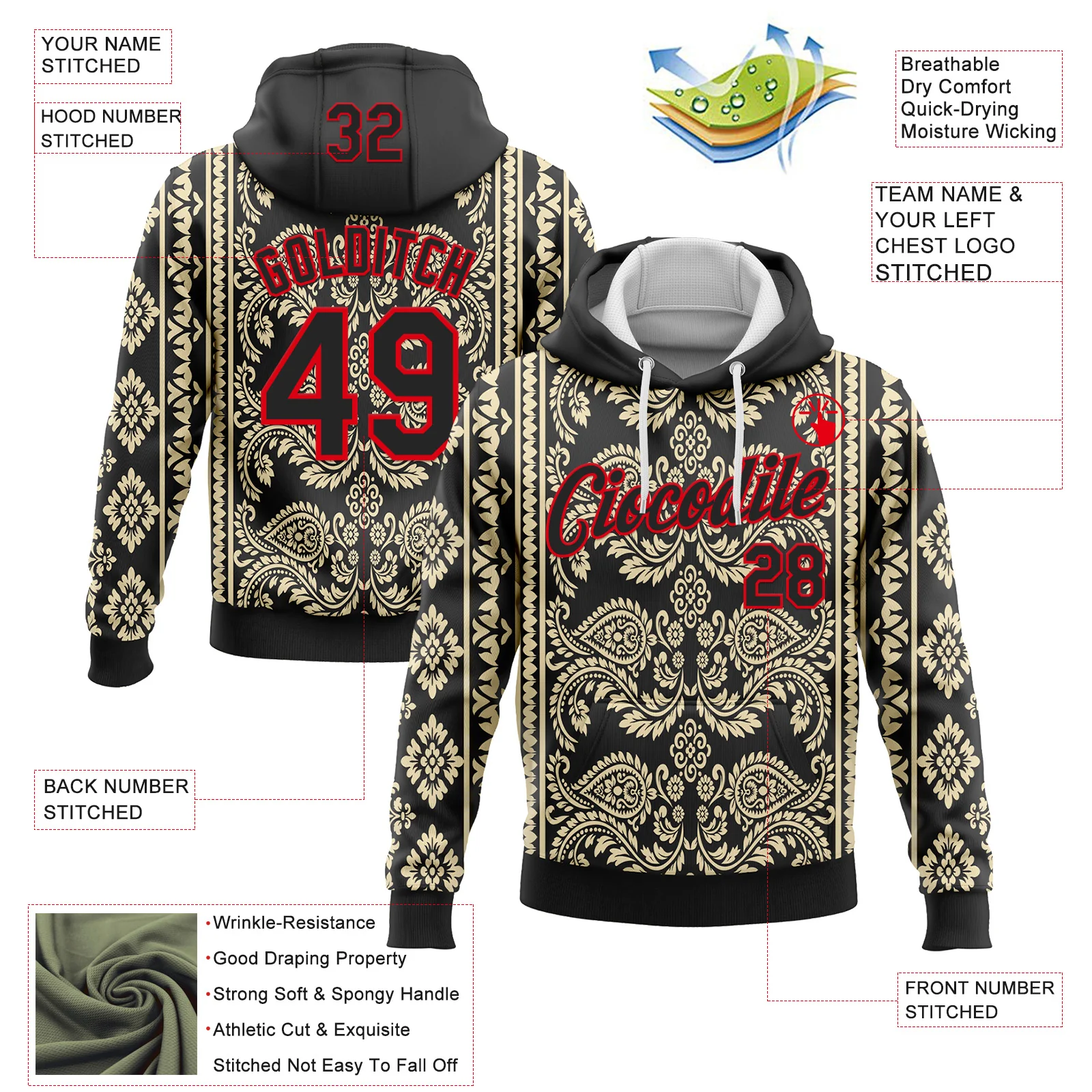 Custom Stitched Black Cream-Fire Red 3D Pattern Design Ethnic Paisley Floral Bandana Sports Pullover Sweatshirt Hoodie