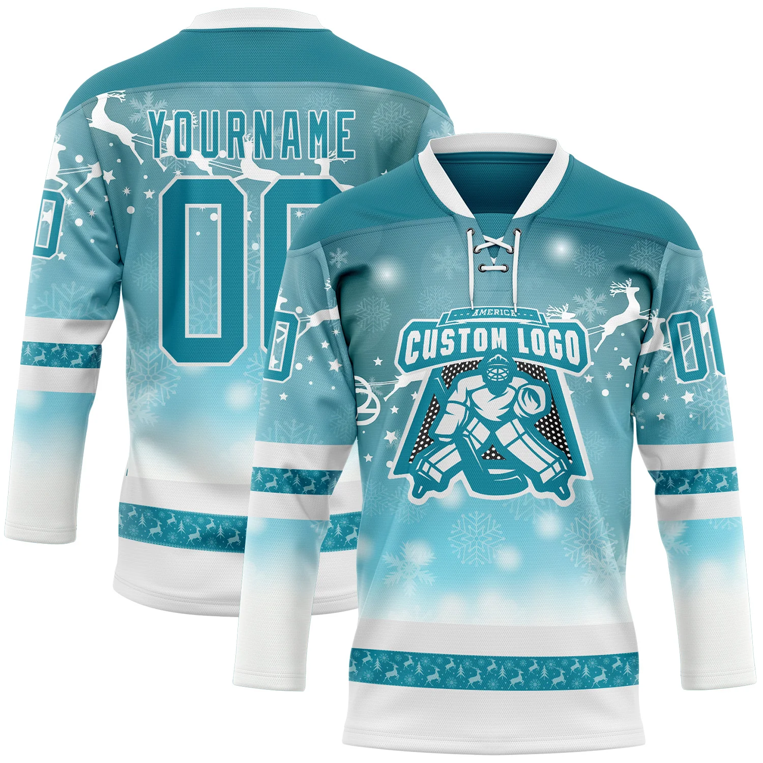 Custom Teal Teal-White 3D Christmas Reindeer Hockey Lace Neck Jersey