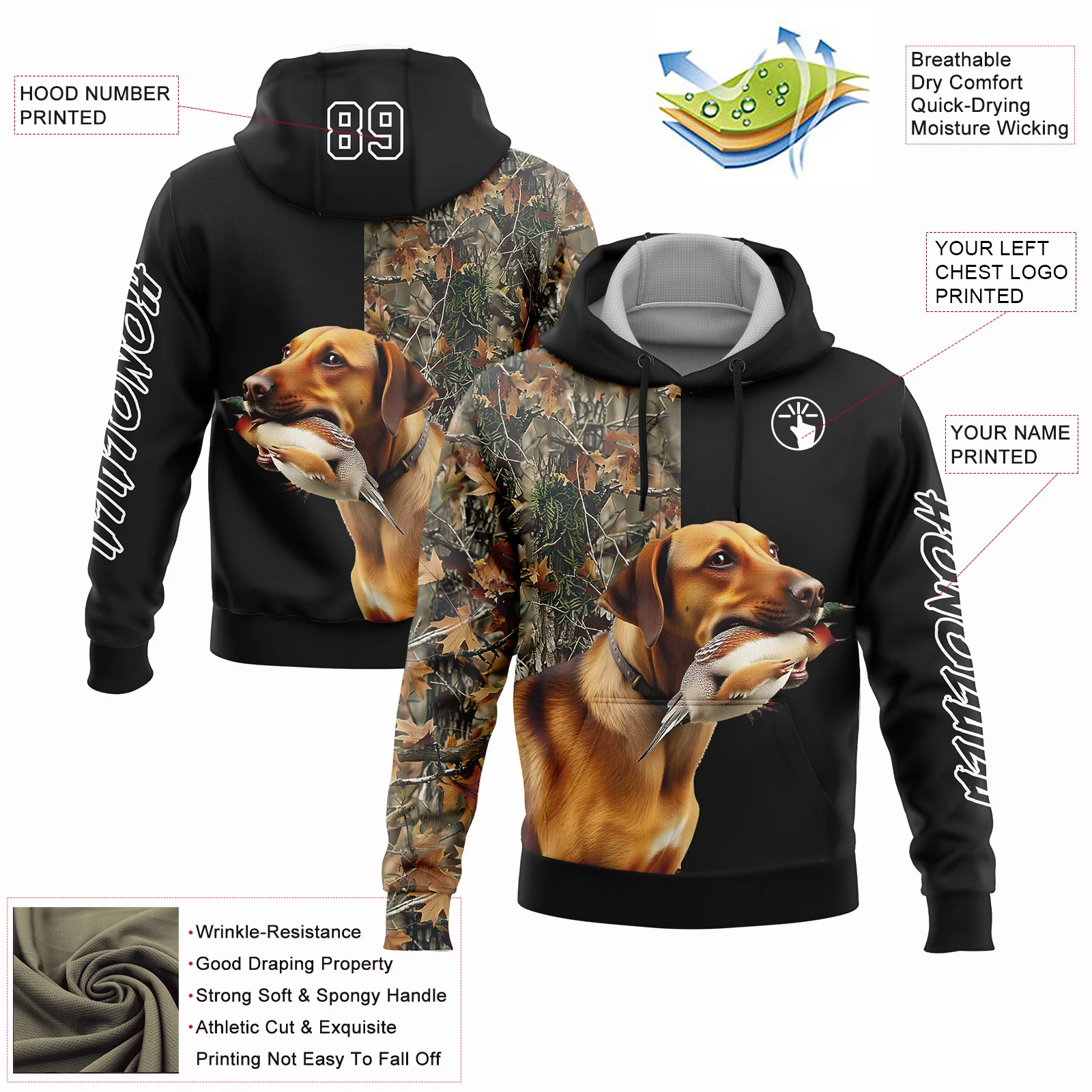 Custom Black White 3D Pheasant Hunting With Dog Sports Pullover Sweatshirt Hoodie