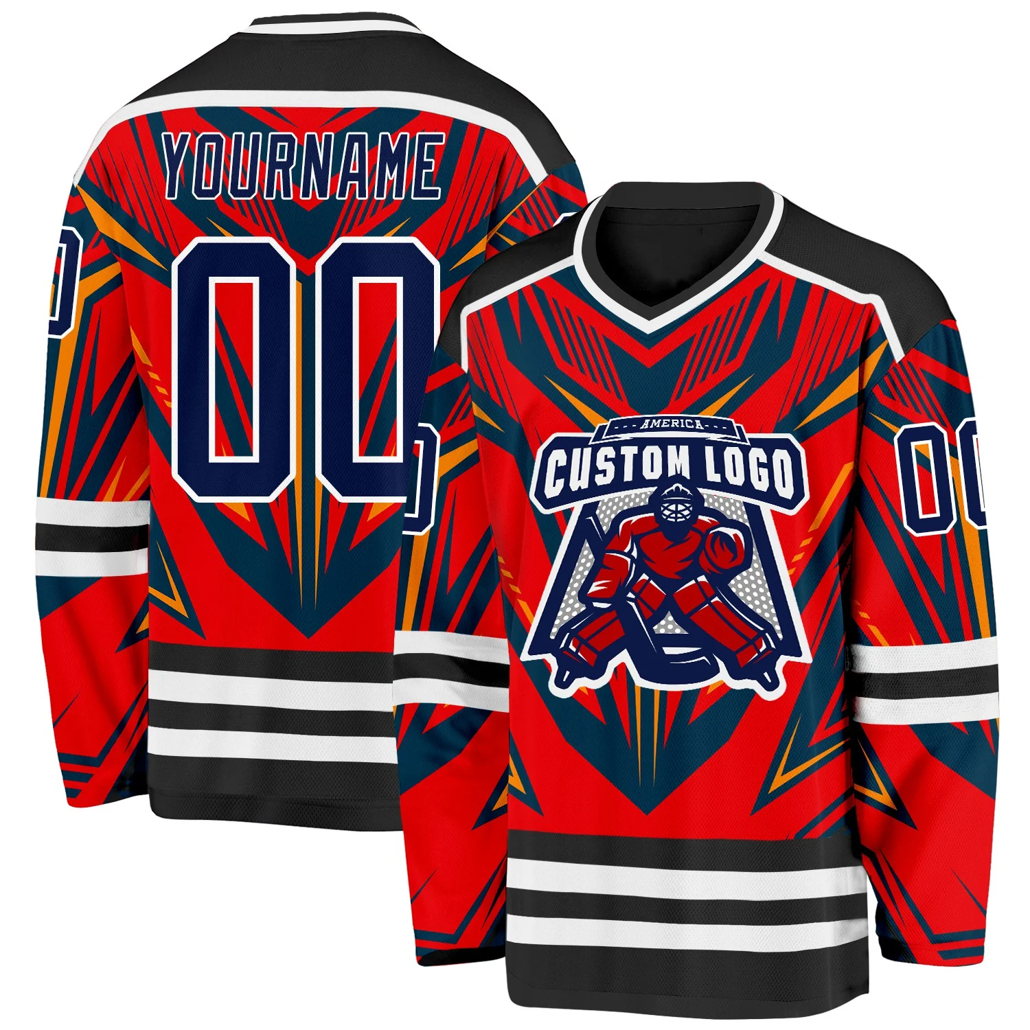 Custom Black Navy Red Orange-White 3D Pattern Cyber Mecha E-sport Hockey Jersey