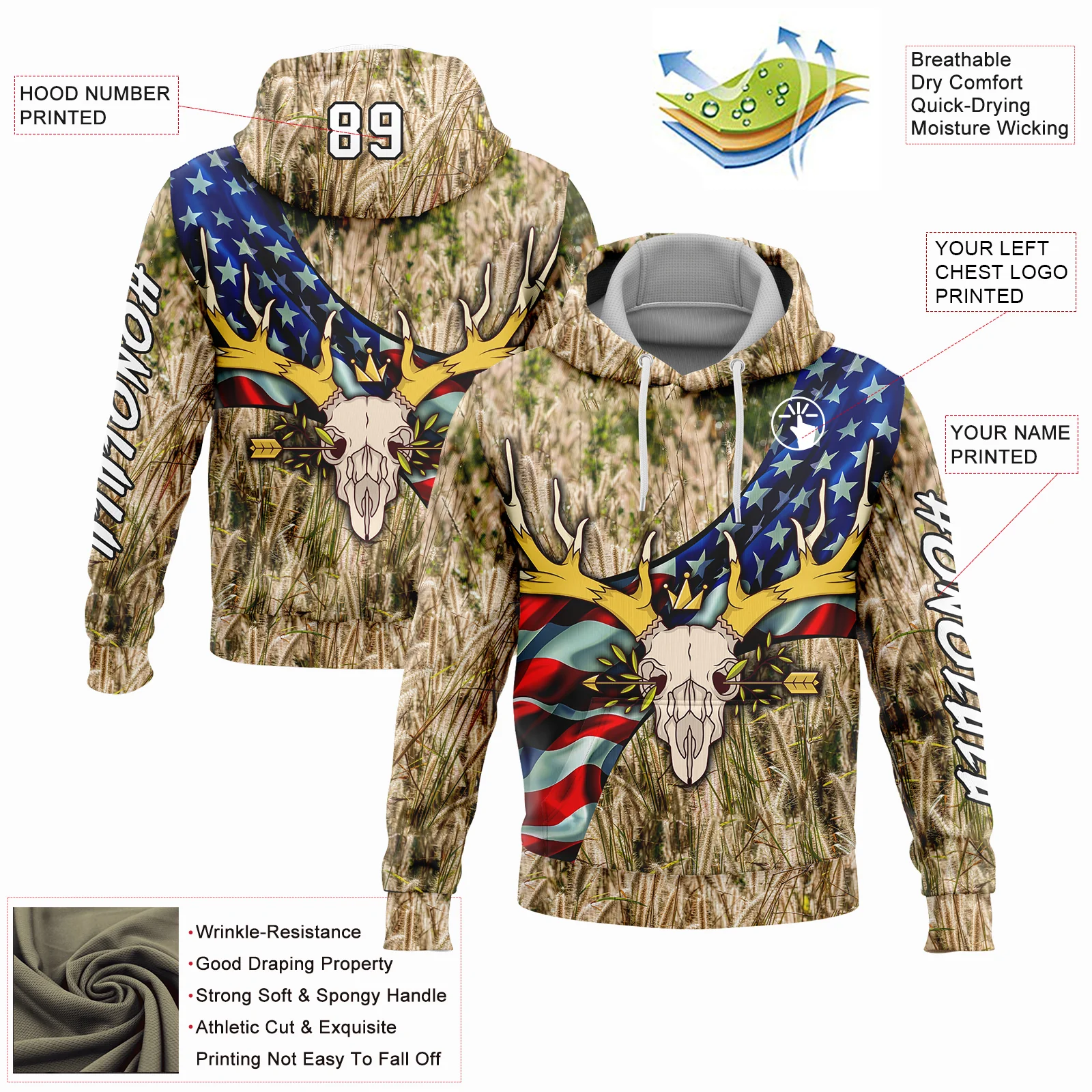 Custom City Cream White-Black 3D American Flag And Deer Skull Hunting Sports Pullover Sweatshirt Hoodie