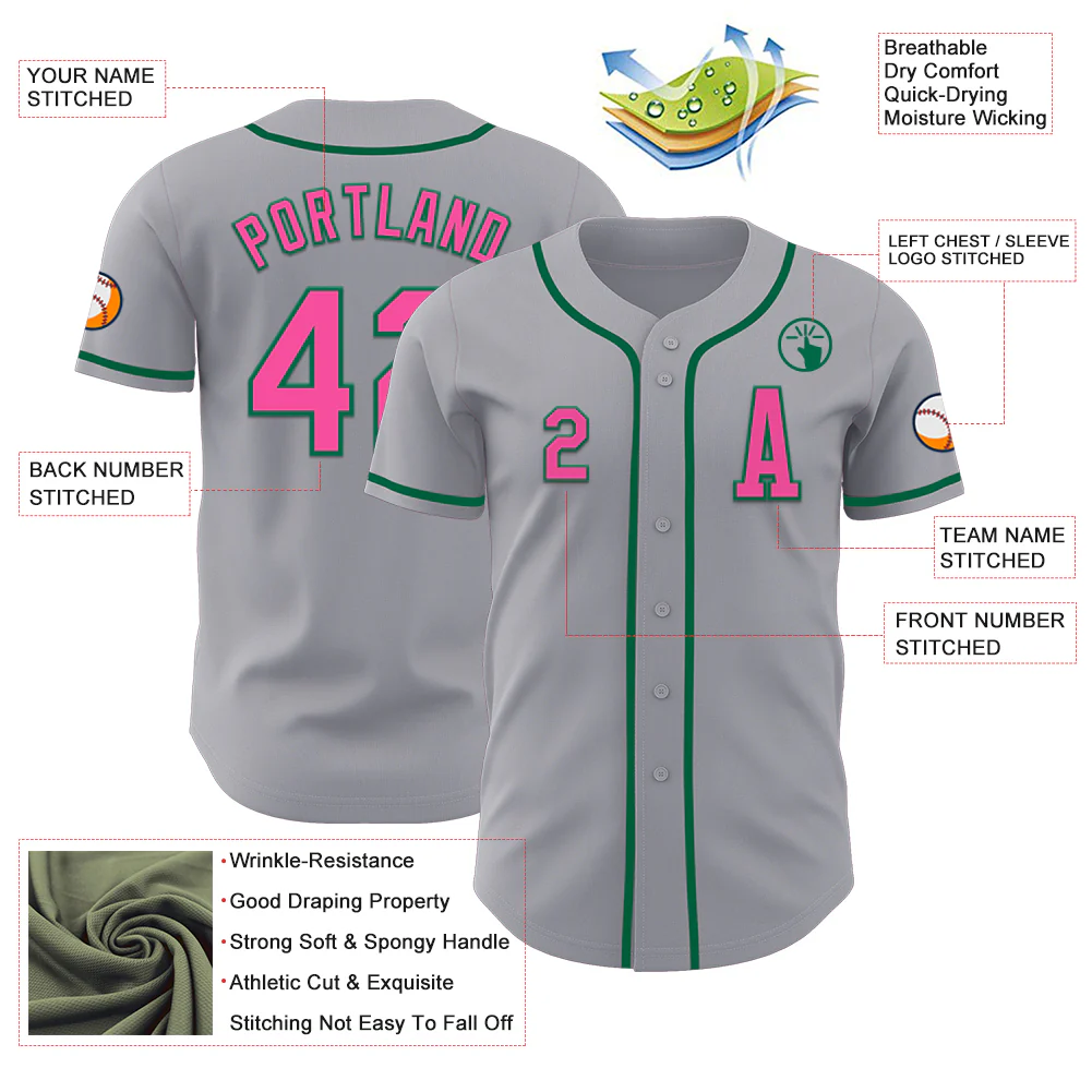 Custom Gray Pink-Kelly Green Authentic Baseball Jersey