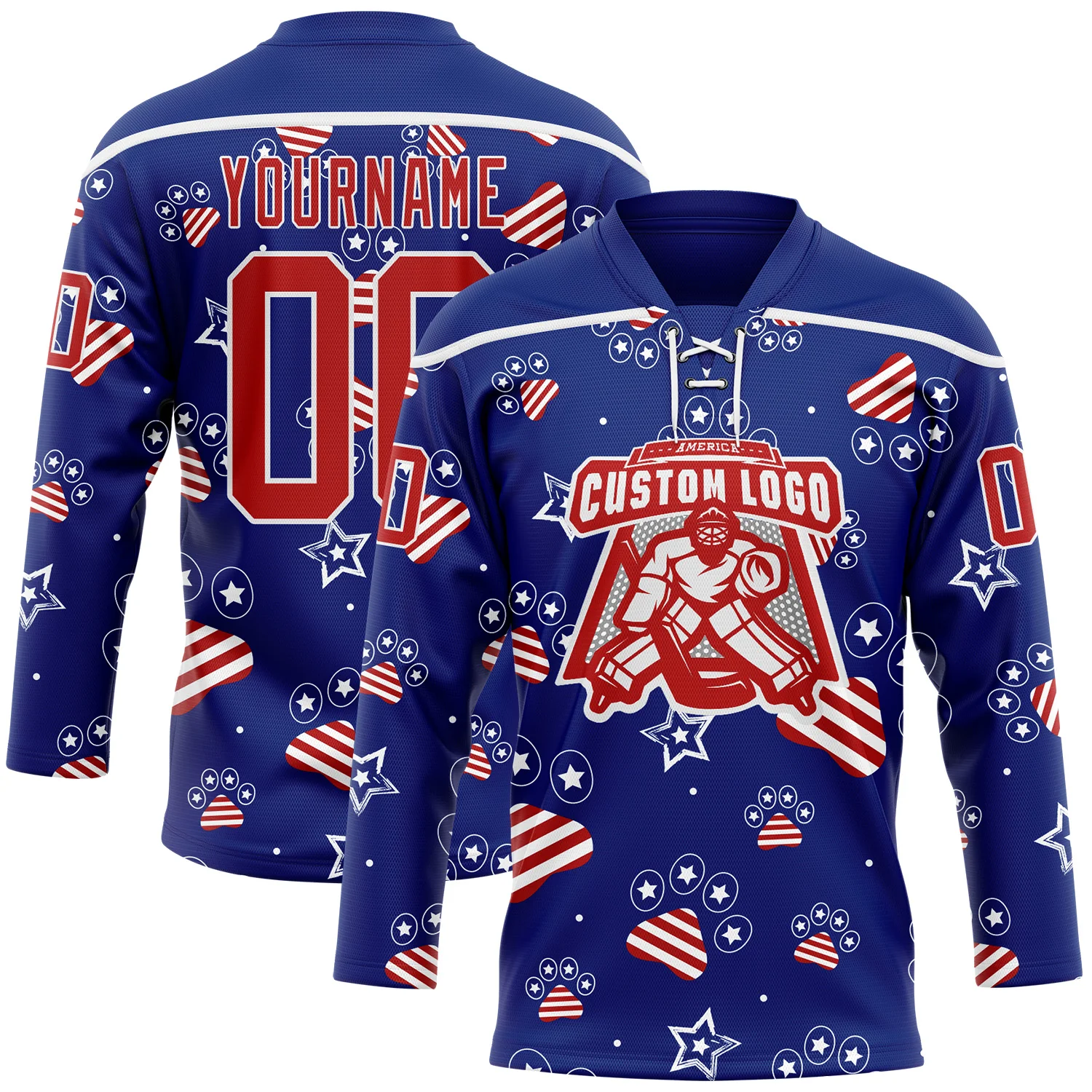 Custom Royal Red-White American Flag Hockey Lace Neck Jersey