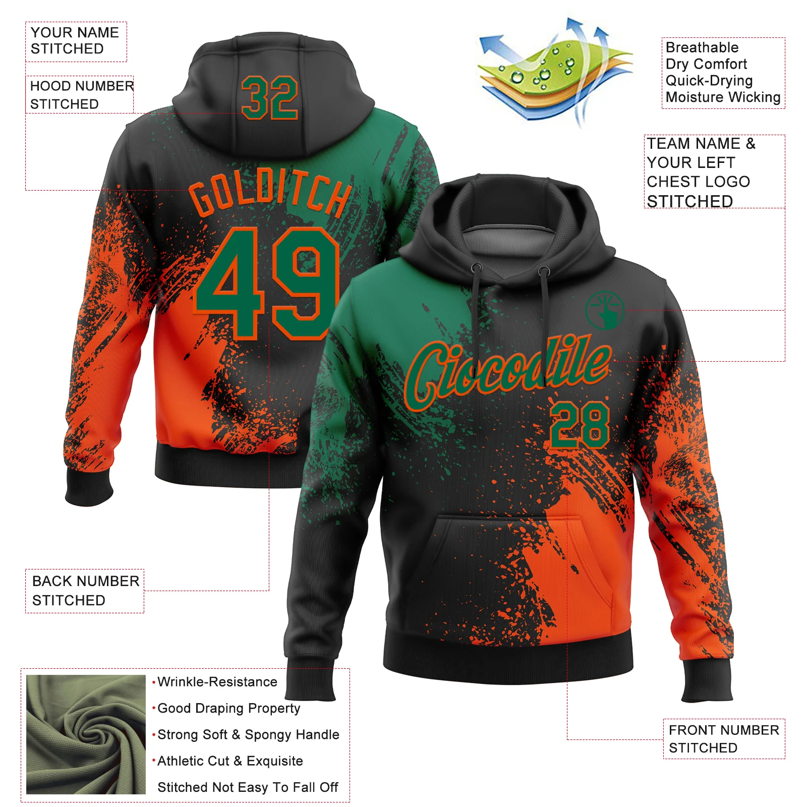 Custom Stitched Black Kelly Green-Orange 3D Pattern Design Abstract Brush Stroke Sports Pullover Sweatshirt Hoodie