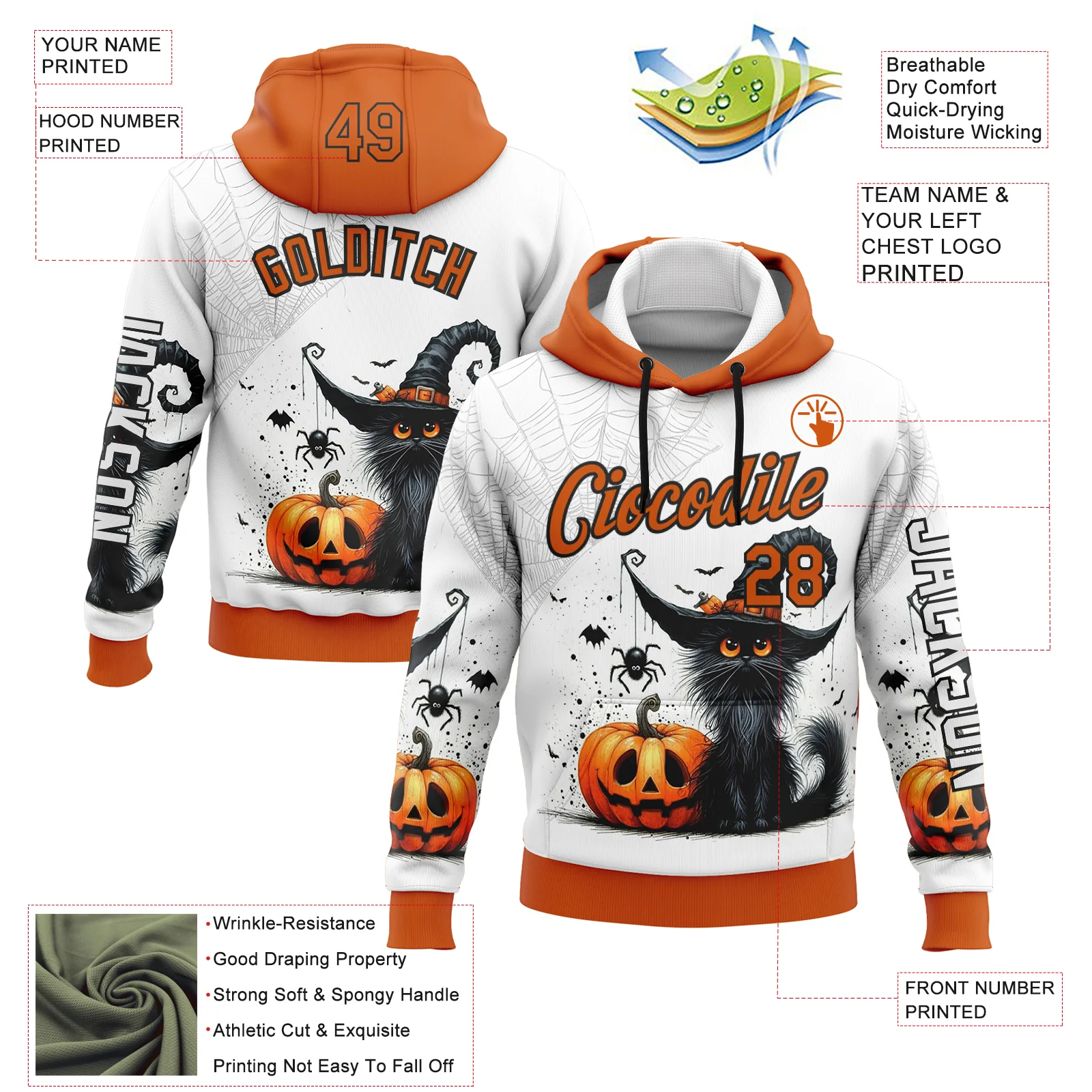 Custom White Orange-Black 3D Halloween Pumpkin Spooky Sports Pullover Sweatshirt Hoodie