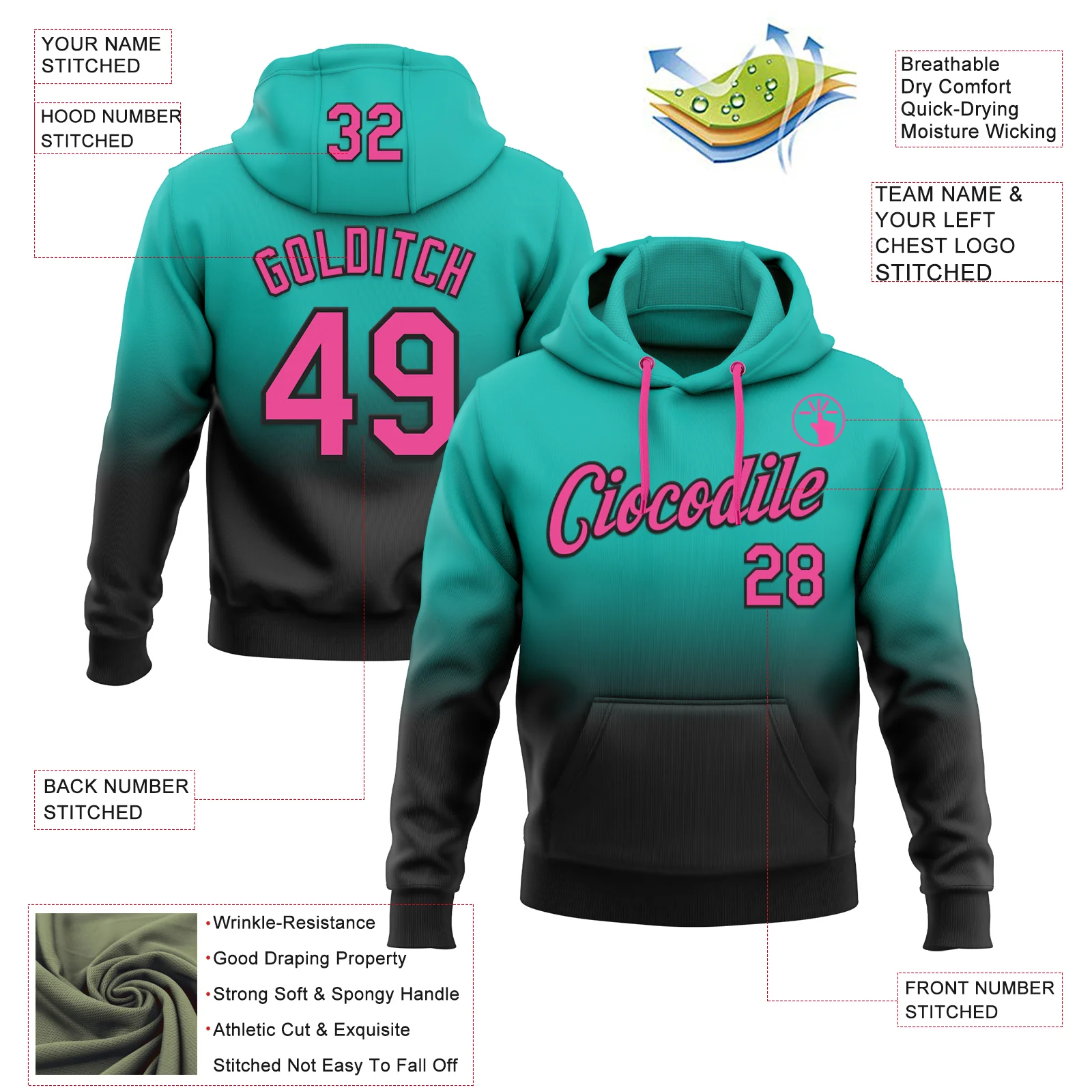Custom Stitched Aqua Pink-Black Fade Fashion Sports Pullover Sweatshirt Hoodie