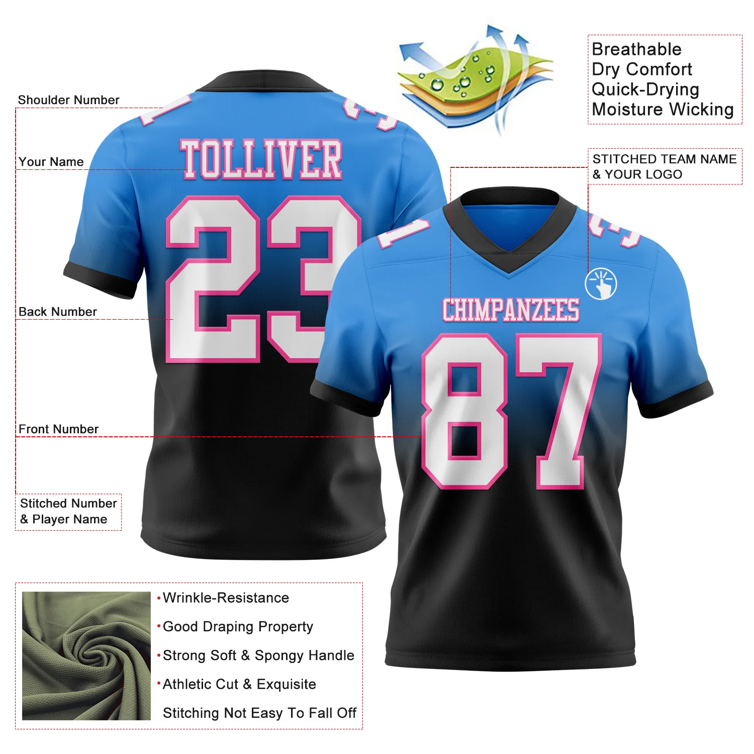 Custom Powder Blue White Black-Pink Authentic Fade Fashion Football Jersey