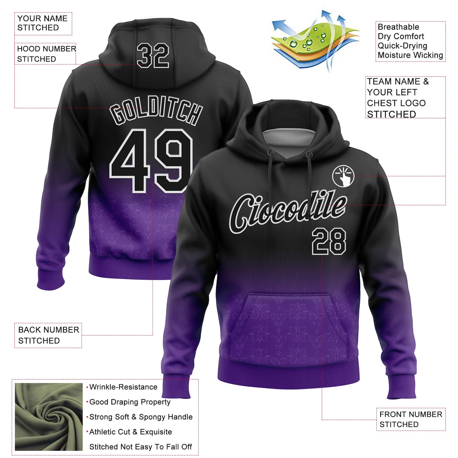 Custom Stitched Black Purple-White 3D Pattern Design Fade Floral Sports Pullover Sweatshirt Hoodie