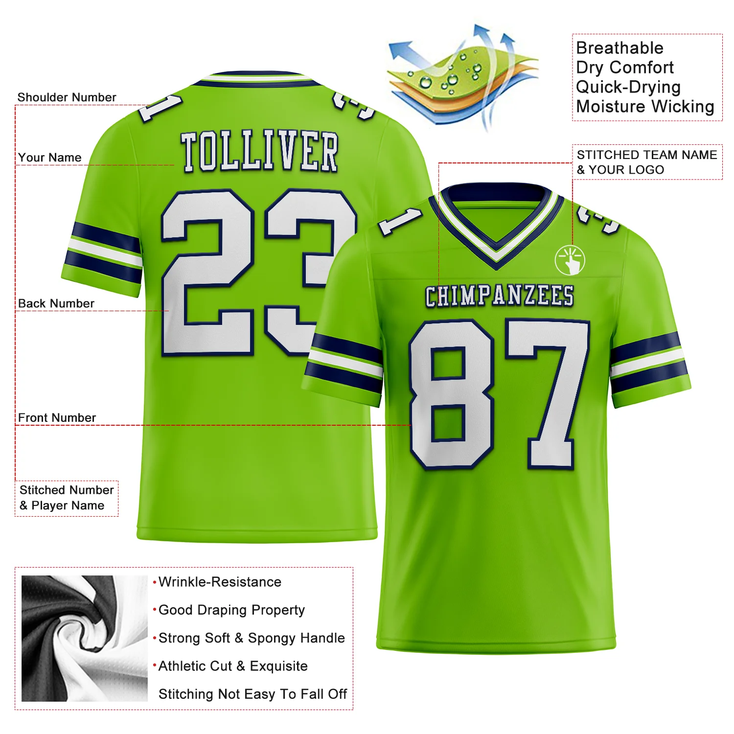Custom Neon Green White-Navy Authentic Football Jersey