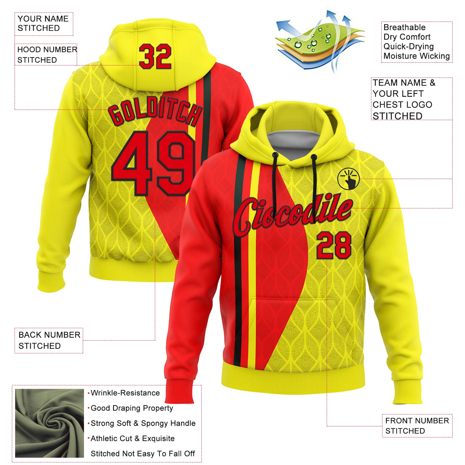 Custom Stitched Yellow Fire Red-Black 3D Pattern Design Germany Inspired Geometric Shape Sportswear Pullover Sweatshirt Hoodie