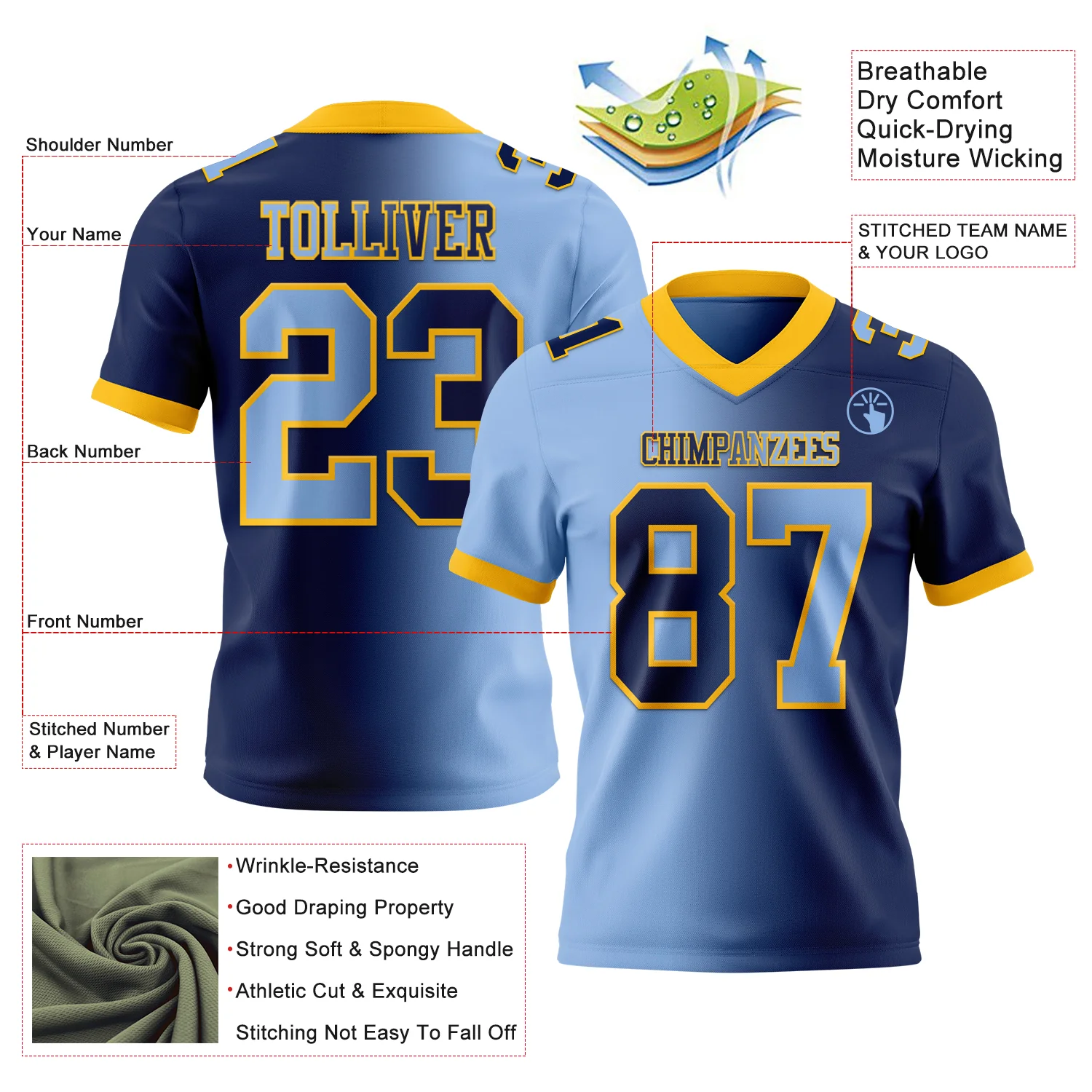 Custom Navy Light Blue-Gold Authentic Gradient Fashion Football Jersey