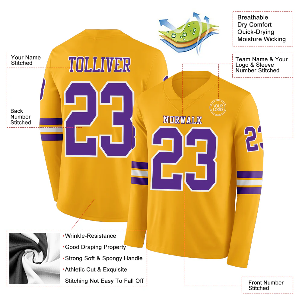 Custom Gold Purple-White Long Sleeve Authentic Football Jersey