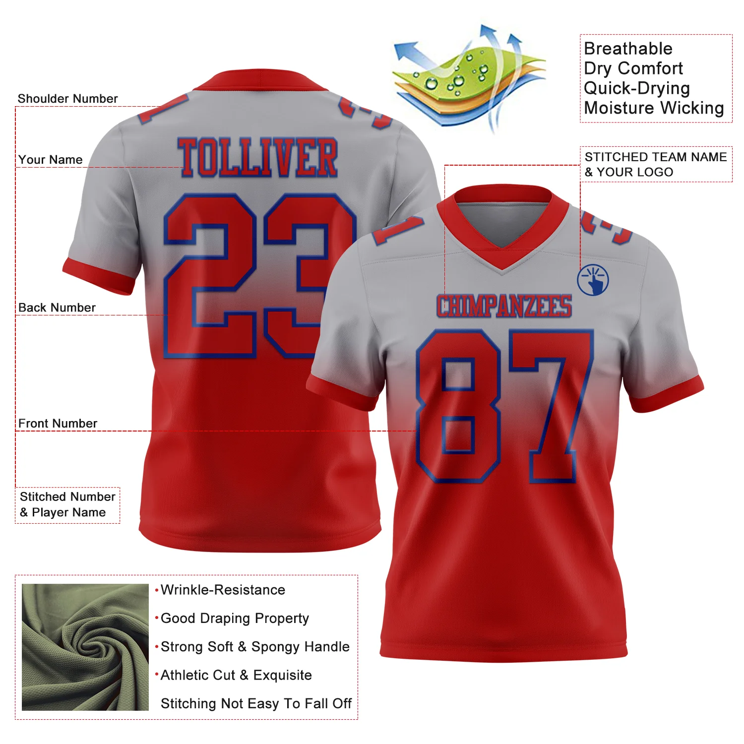 Custom Gray Red-Royal Authentic Fade Fashion Football Jersey