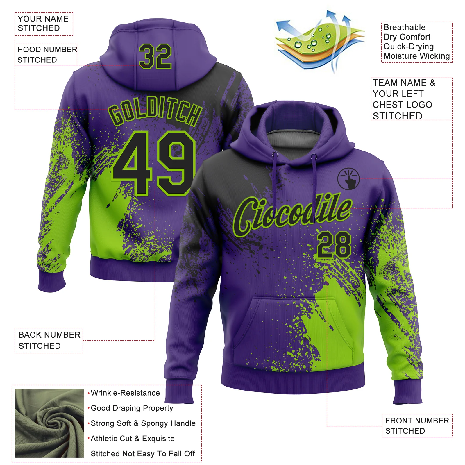Custom Stitched Purple Black-Neon Green 3D Pattern Design Abstract Brush Stroke Sports Pullover Sweatshirt Hoodie