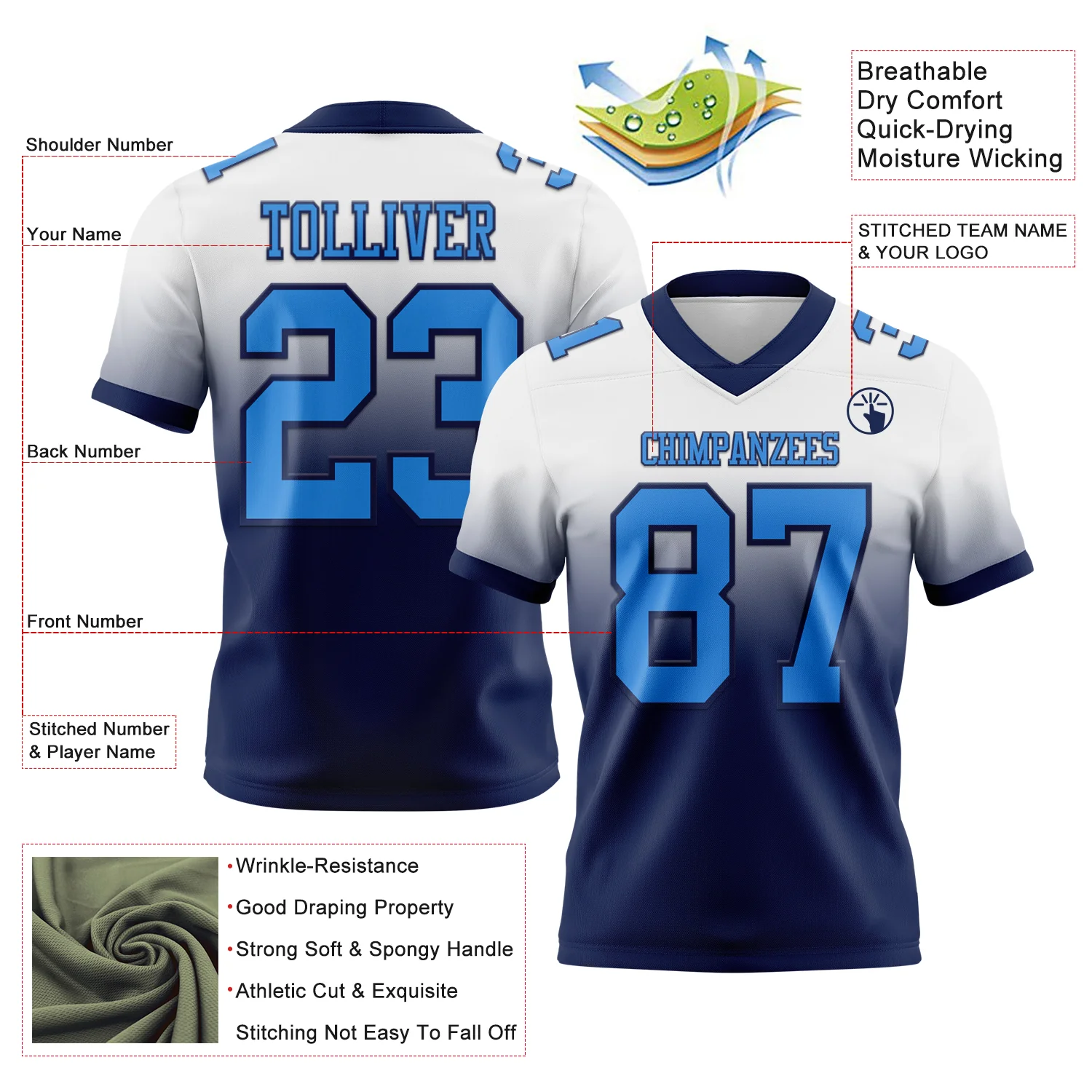 Custom White Powder Blue-Navy Authentic Fade Fashion Football Jersey