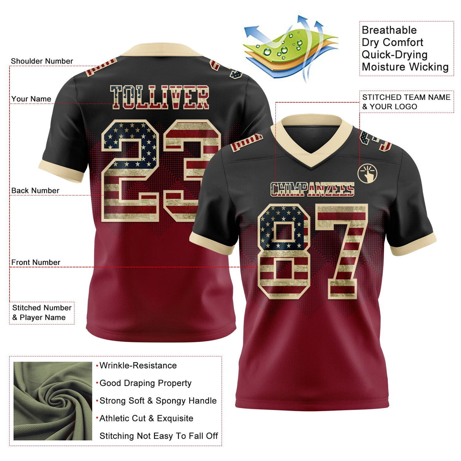 Custom Black Vintage USA Flag Crimson-Cream Authentic Gradient Square Shape Flag Football Jersey