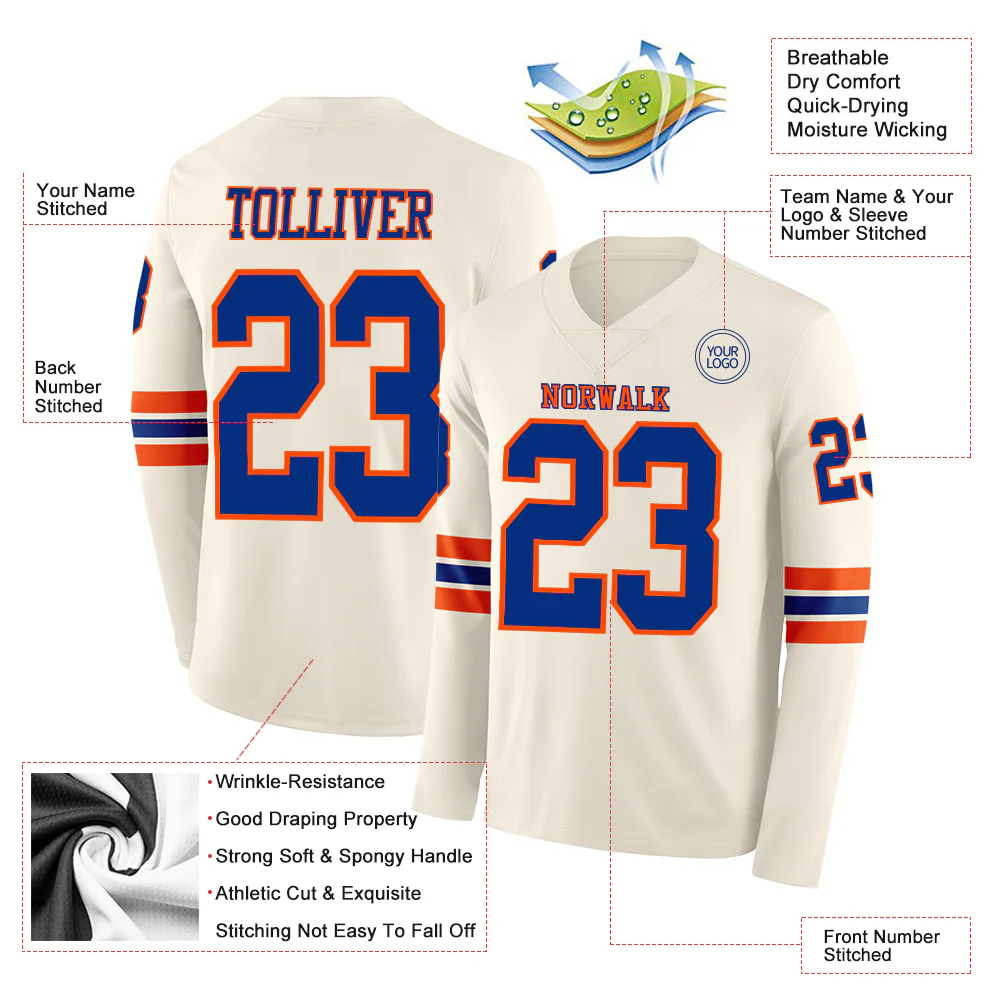 Custom Cream Royal-Orange Long Sleeve Authentic Football Jersey