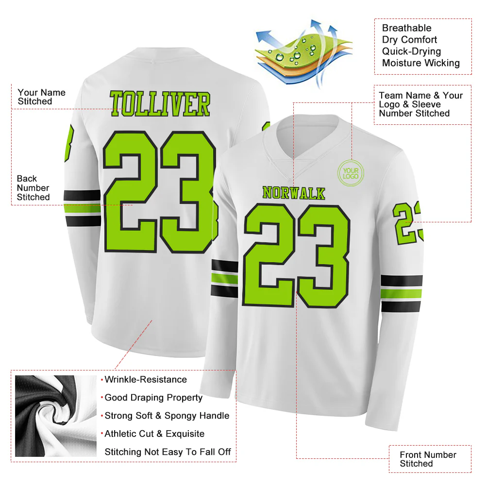 Custom White Neon Green-Black Long Sleeve Authentic Football Jersey