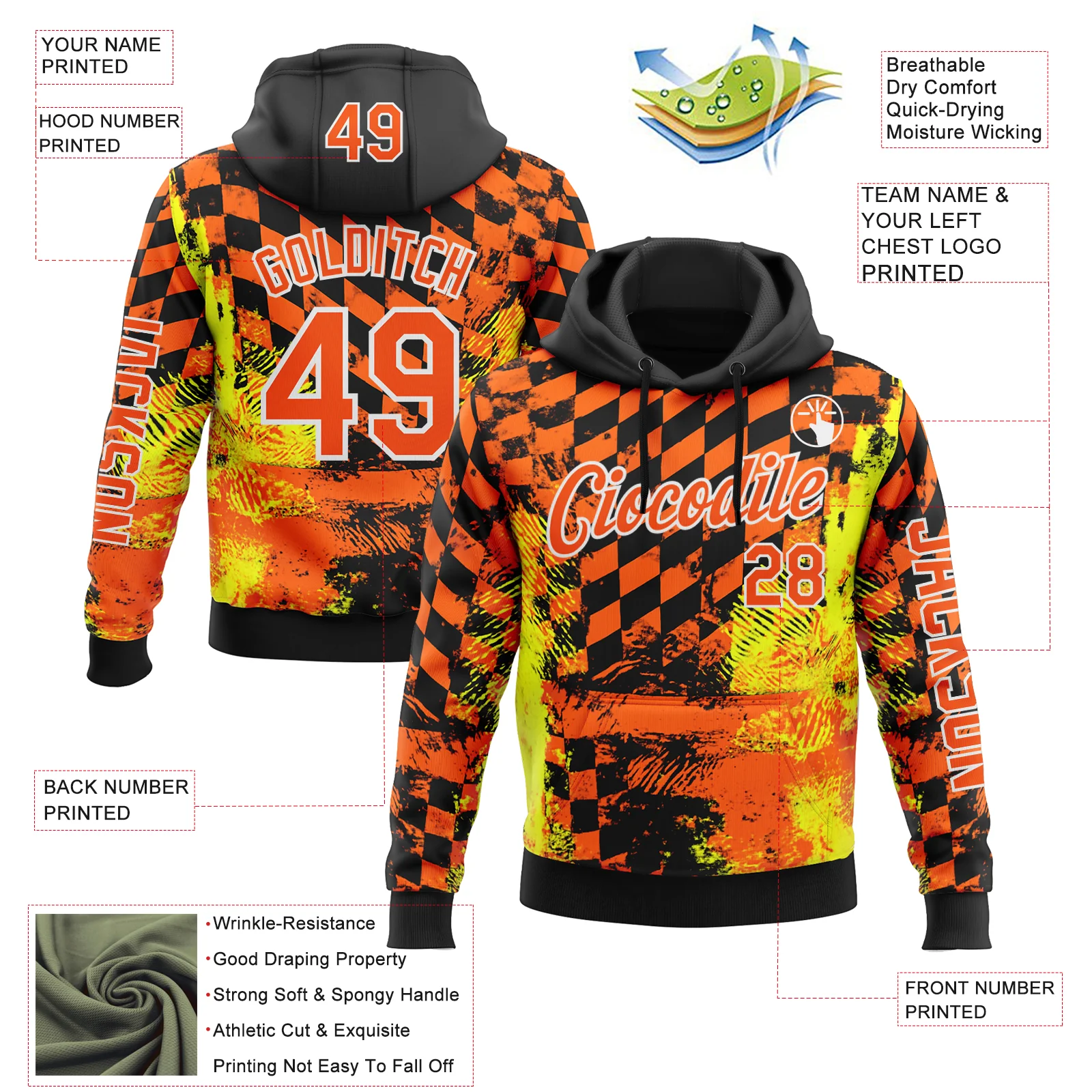 Custom Orange Yellow Black-White 3D Pattern Design Formula Auto Car Racing Motorsport Sports Pullover Sweatshirt Hoodie