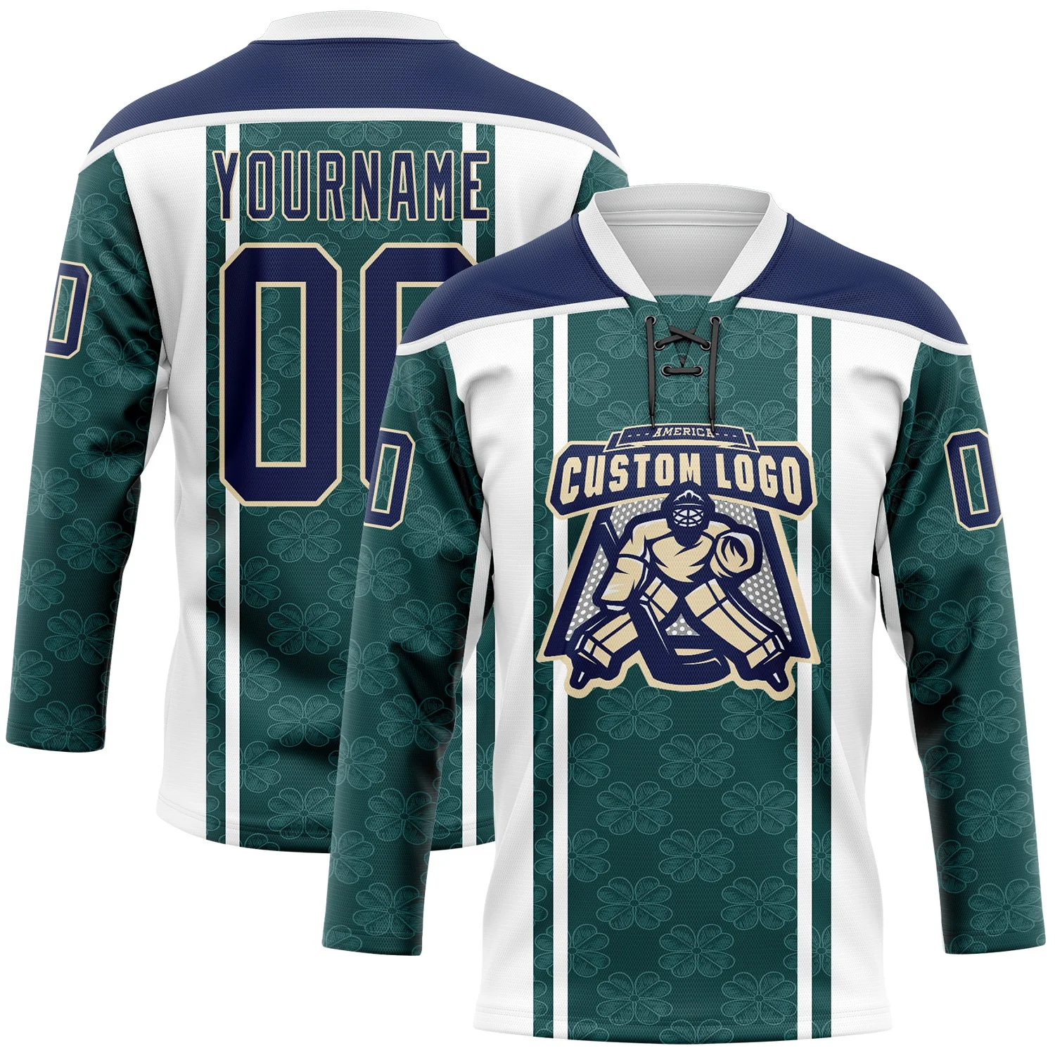 Custom Green Navy White-Cream 3D Pattern Design Stripe Hockey Lace Neck Jersey