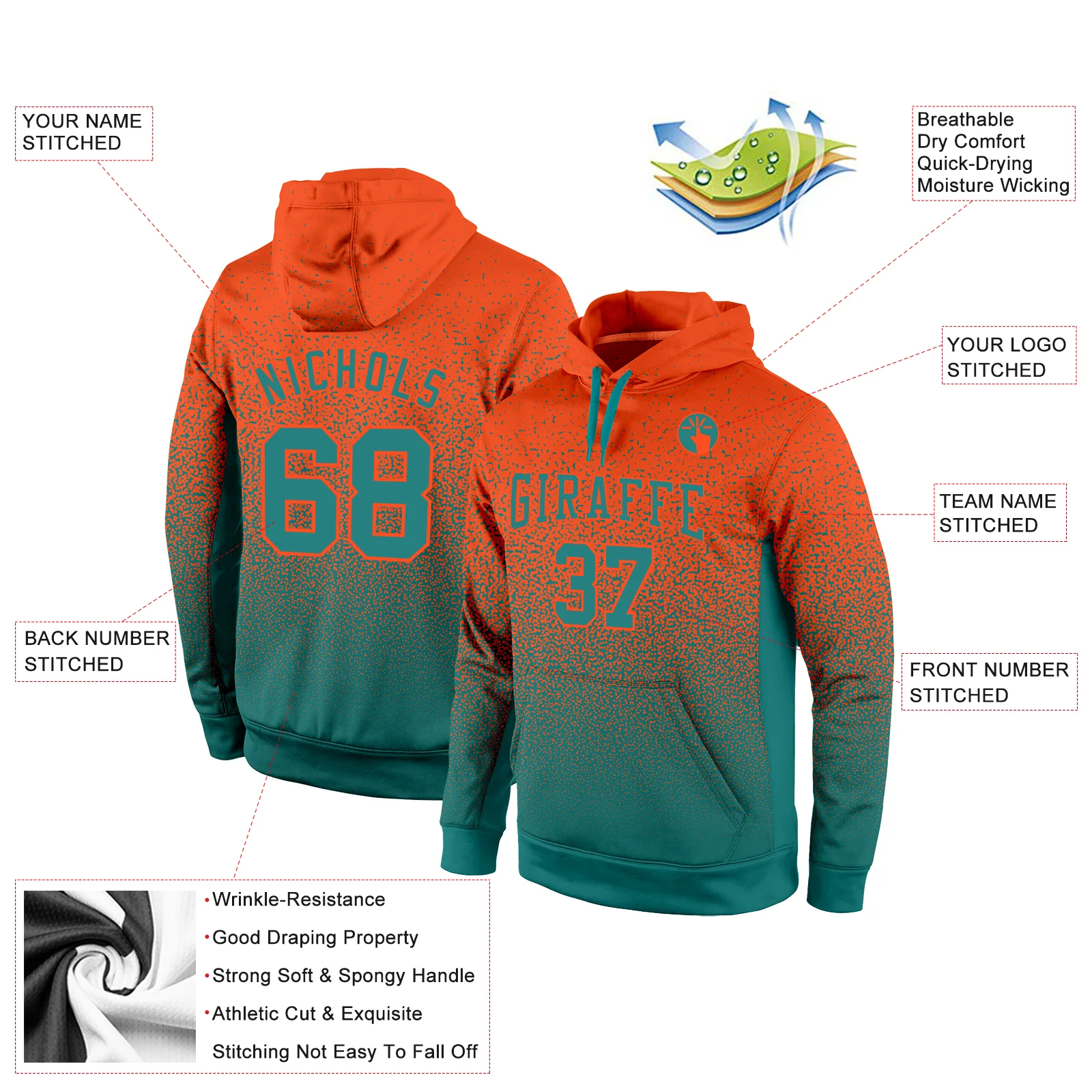 Custom Stitched Orange Aqua Fade Fashion Sports Pullover Sweatshirt Hoodie