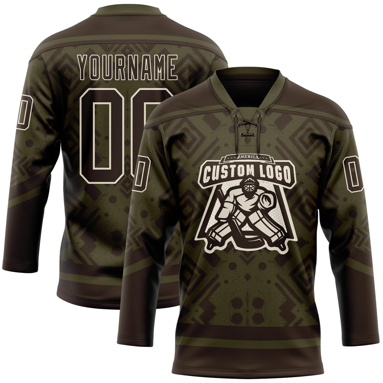 Custom Olive Brown-Cream 3D Pattern Tribal Indigenous Grunge Geometric Splash Hockey Lace Neck Jersey
