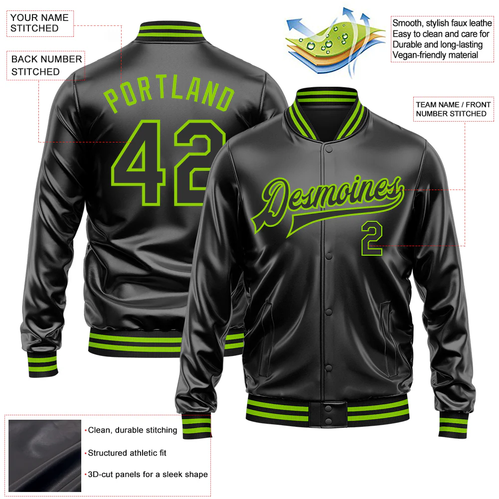 Custom Black Black-Neon Green Bomber Full-Snap Varsity Faux Leather Letterman Jacket
