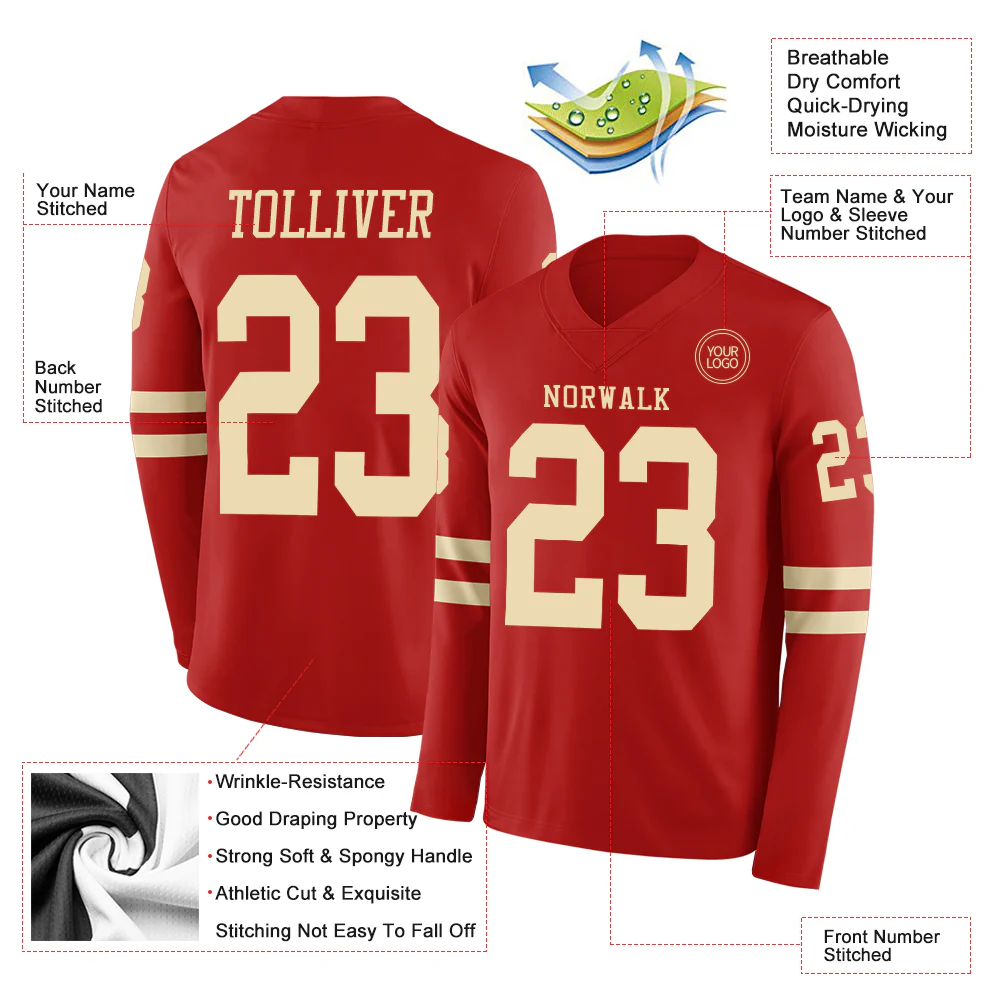 Custom Red Cream Long Sleeve Authentic Football Jersey