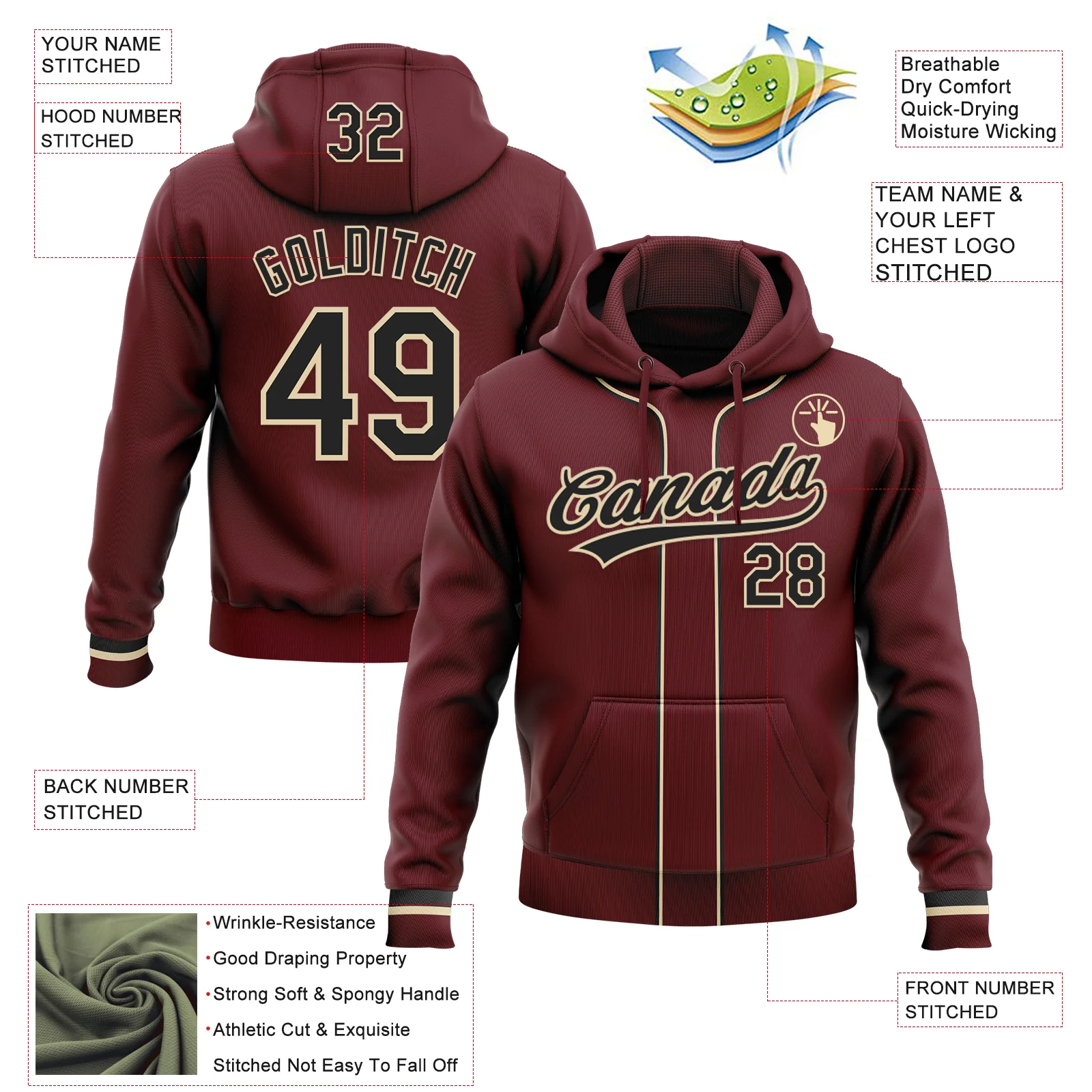 Custom Stitched Burgundy Black-Cream Baseball Pullover Sweatshirt Hoodie