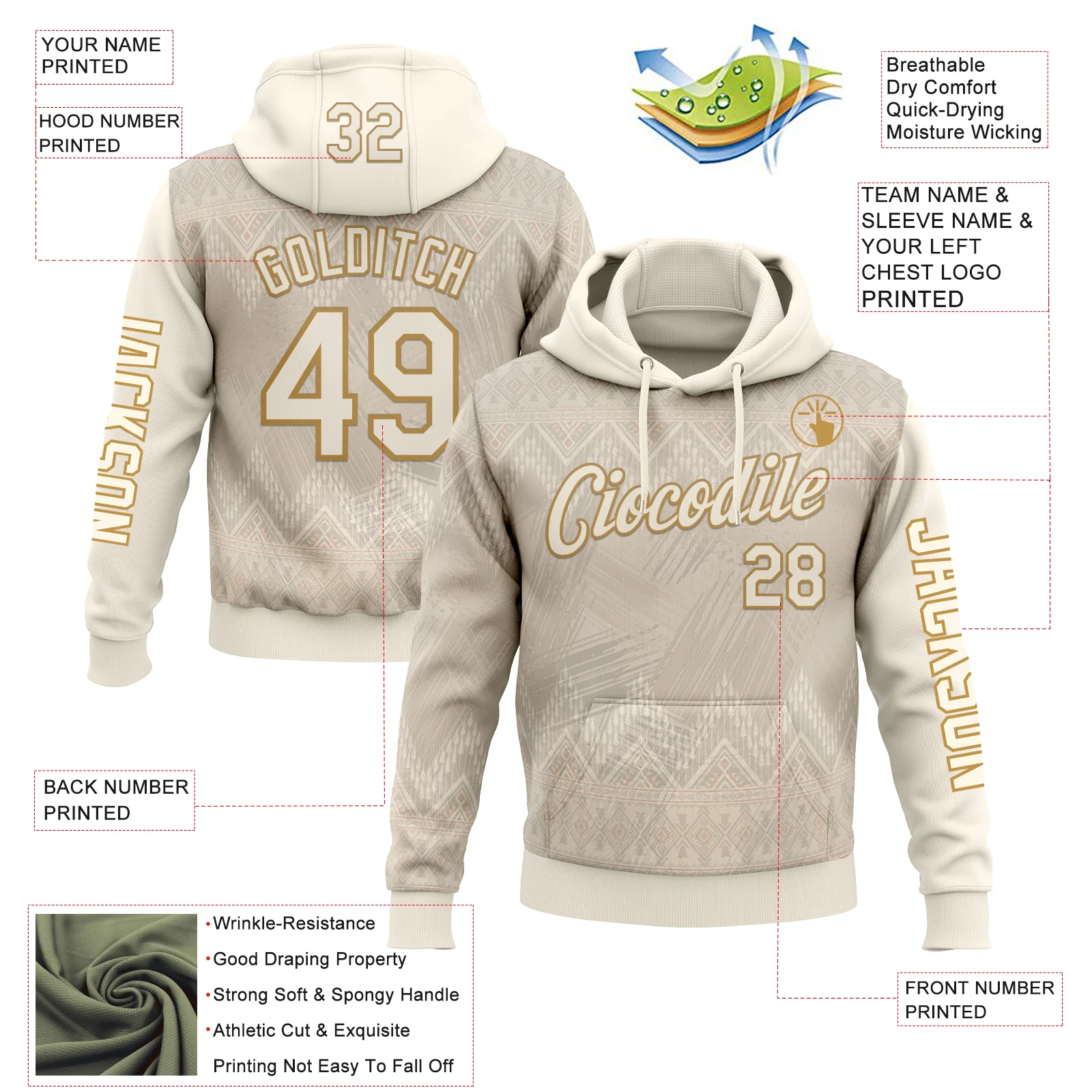 Custom Cream Old Gold 3D Pattern Design Ethnic Tribal Sportswear Pullover Sweatshirt Hoodie