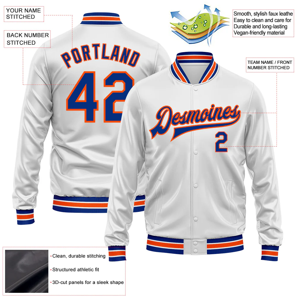 Custom White Royal-Orange Bomber Full-Snap Varsity Faux Leather Letterman Jacket