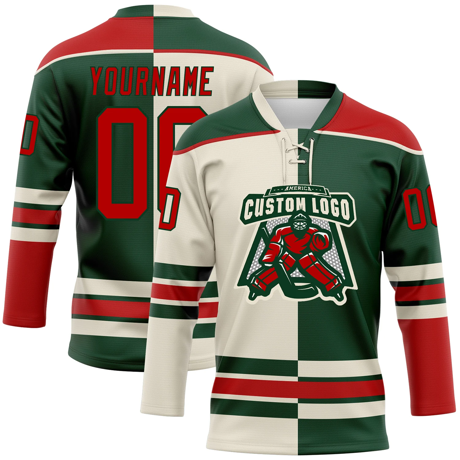 Custom Green Red-Cream Split Fashion Hockey Lace Neck Jersey