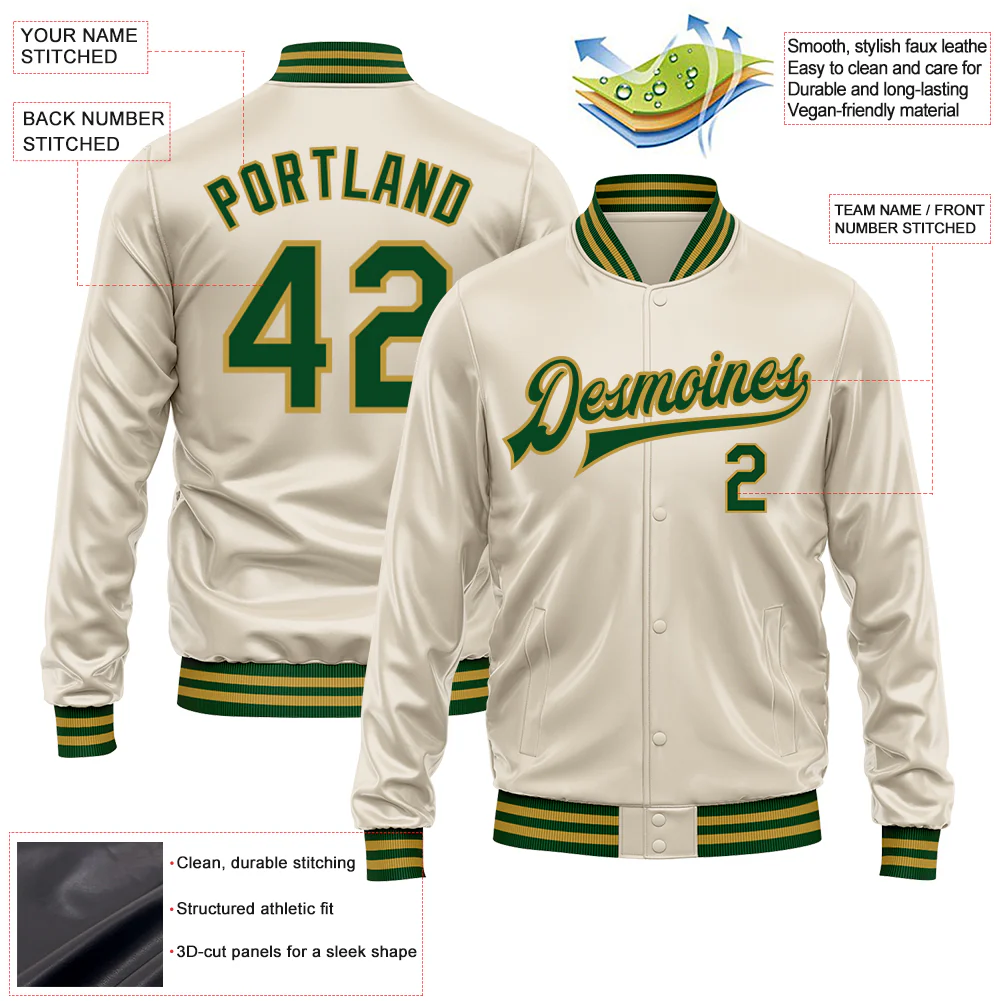 Custom Cream Green-Old Gold Bomber Full-Snap Varsity Faux Leather Letterman Jacket