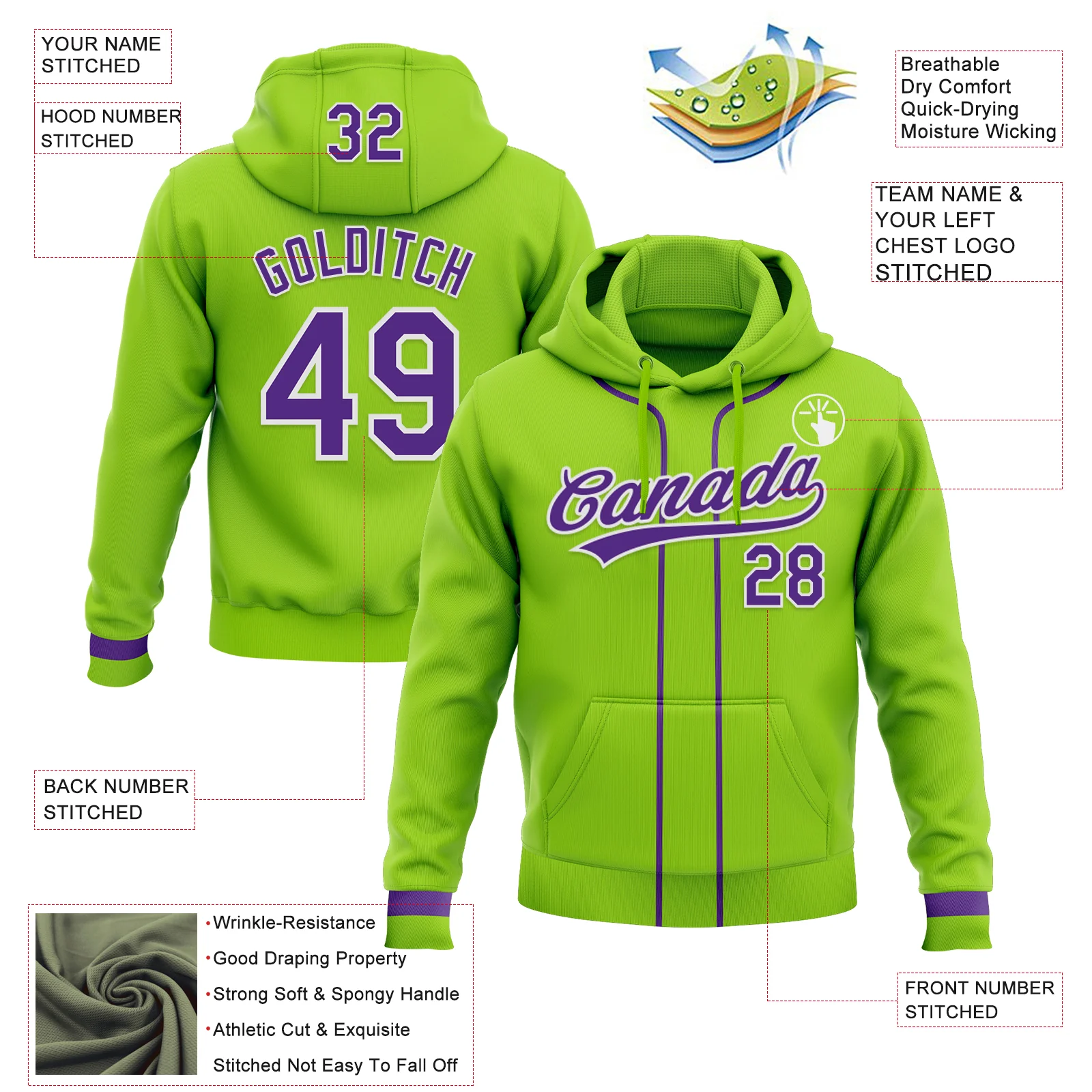 Custom Stitched Neon Green Purple-White Baseball Pullover Sweatshirt Hoodie