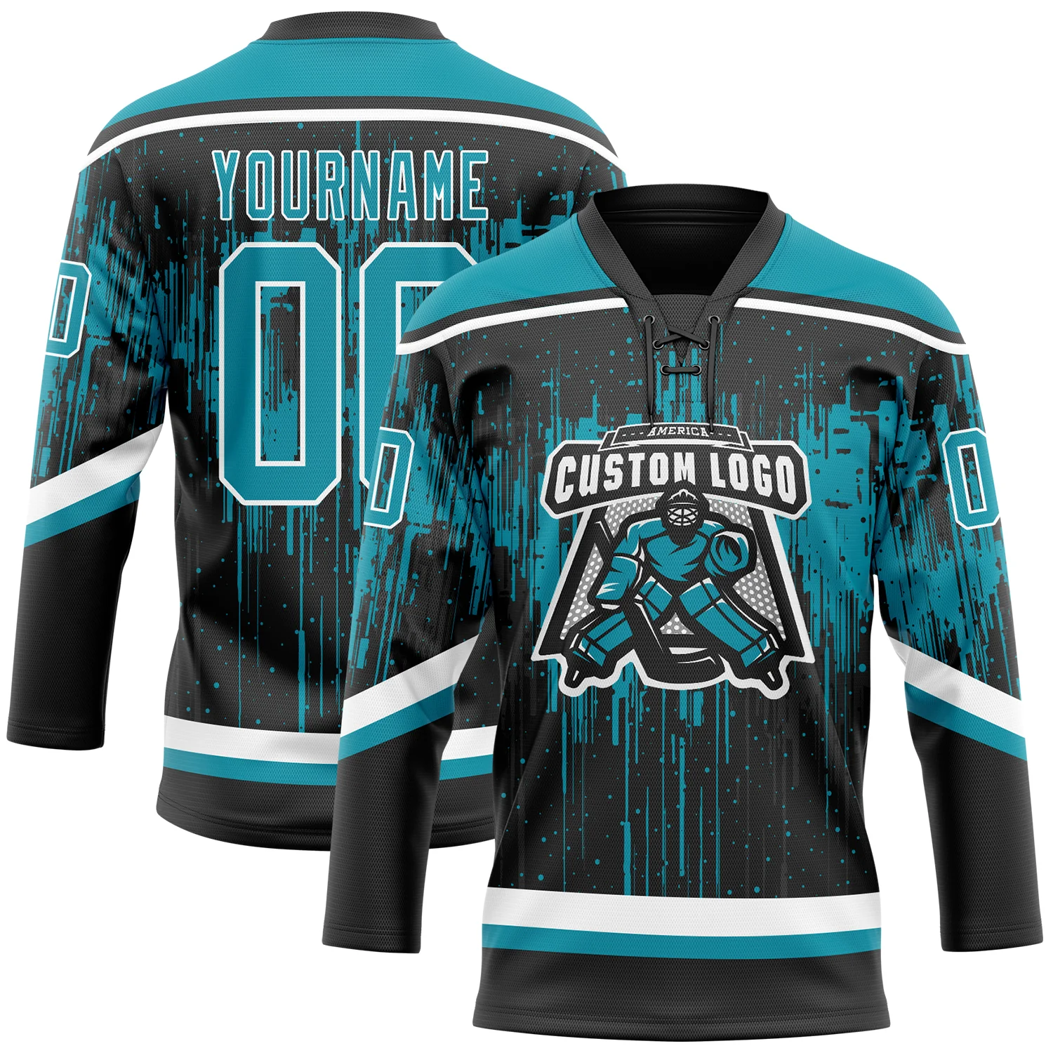 Custom Black Teal Steel Gray-White 3D Pattern Dripping Splatter Hockey Lace Neck Jersey
