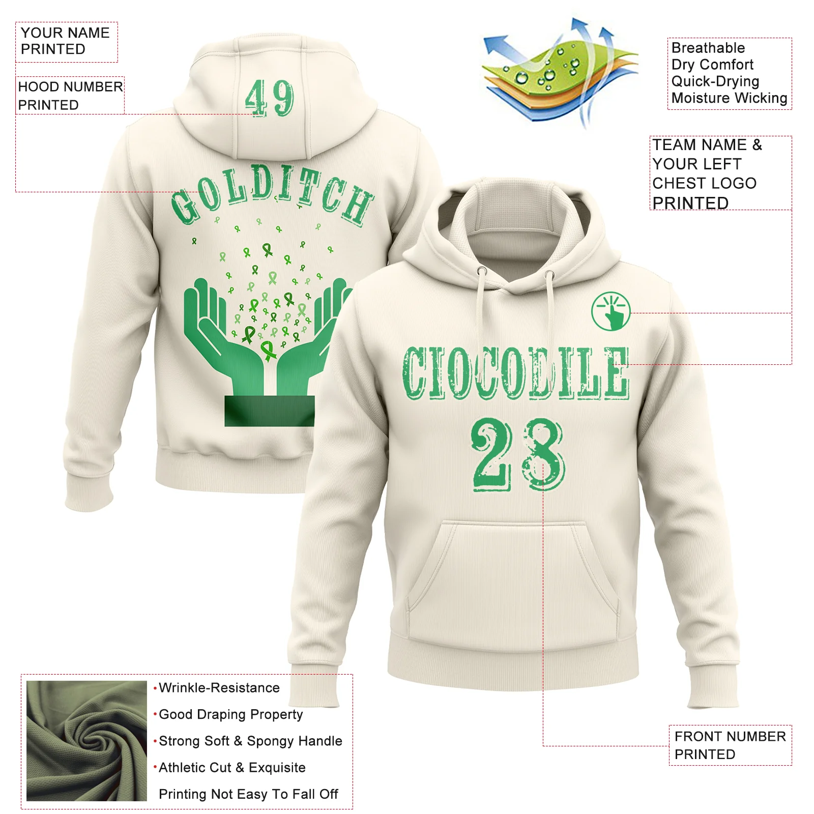 Custom Cream Green 3D Gallbladder And Bile Duct Cancer World Cancer Day Ribbon Support Sports Pullover Sweatshirt Hoodie