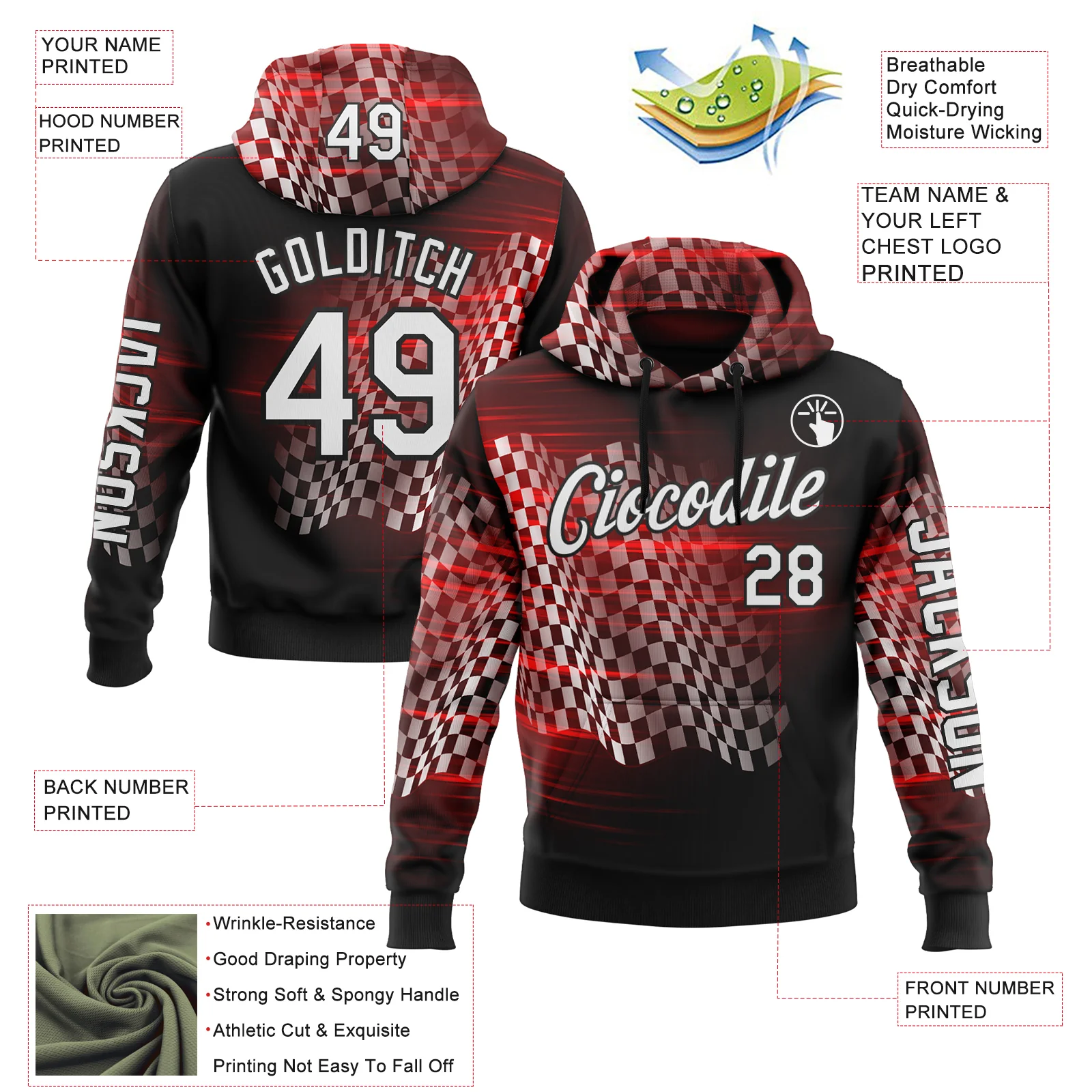Custom Black White-Red 3D Pattern Design Formula Auto Car Racing Motorsport Sports Pullover Sweatshirt Hoodie