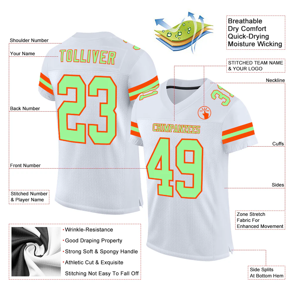 Custom White Pea Green-Orange Mesh Authentic Football Jersey