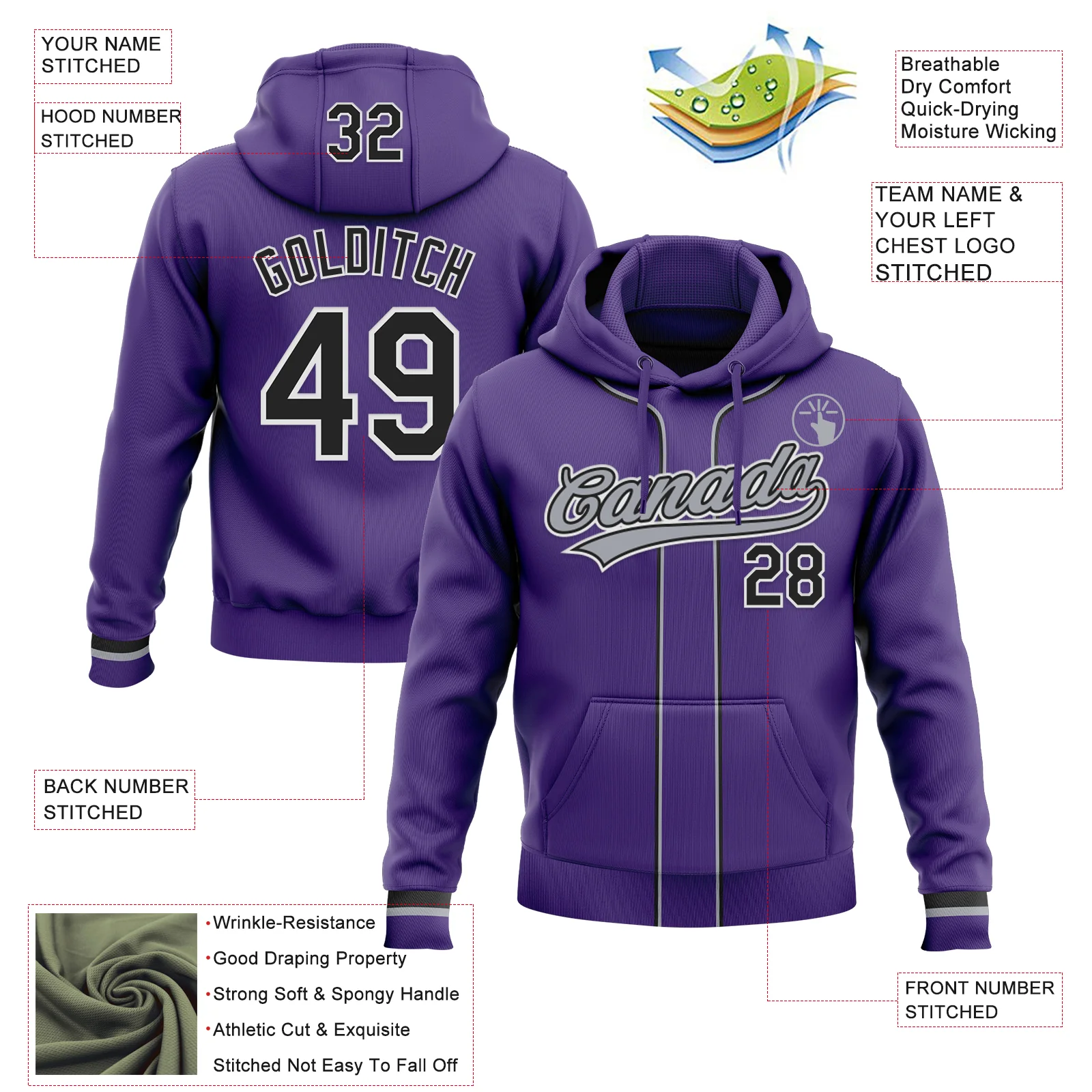 Custom Stitched Purple Black-White Baseball Pullover Sweatshirt Hoodie