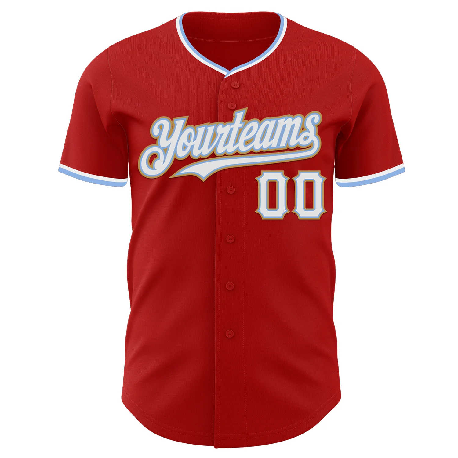 Custom Red White Light Blue-Old Gold Authentic Baseball Jersey