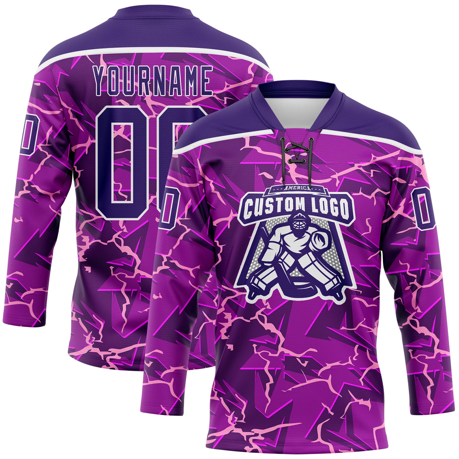 Custom Purple Black Pink-White 3D Pattern Lightning Hockey Lace Neck Jersey