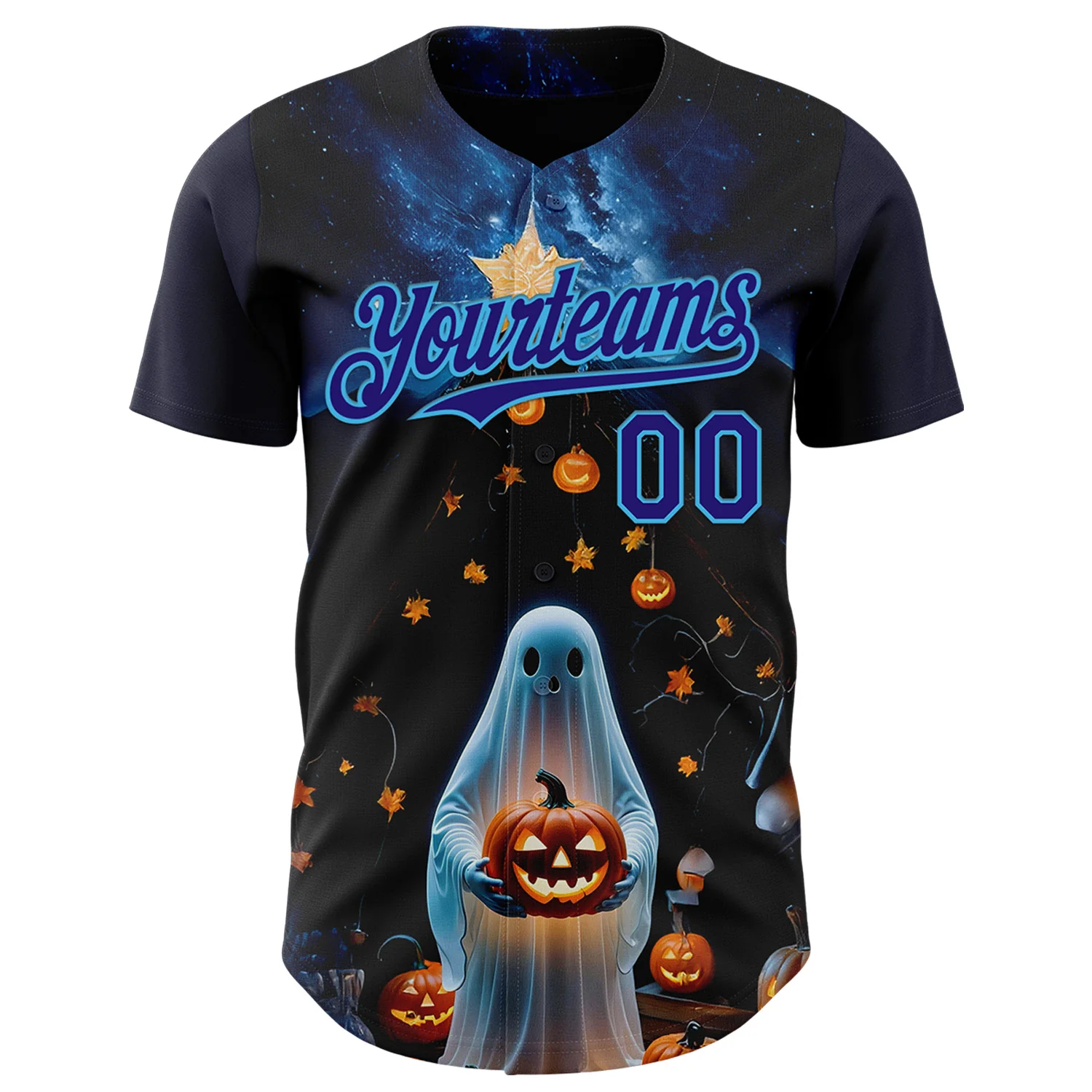 Custom Black Dark Purple-Sky Blue 3D Halloween Spooky Pumpkin Authentic Baseball Jersey