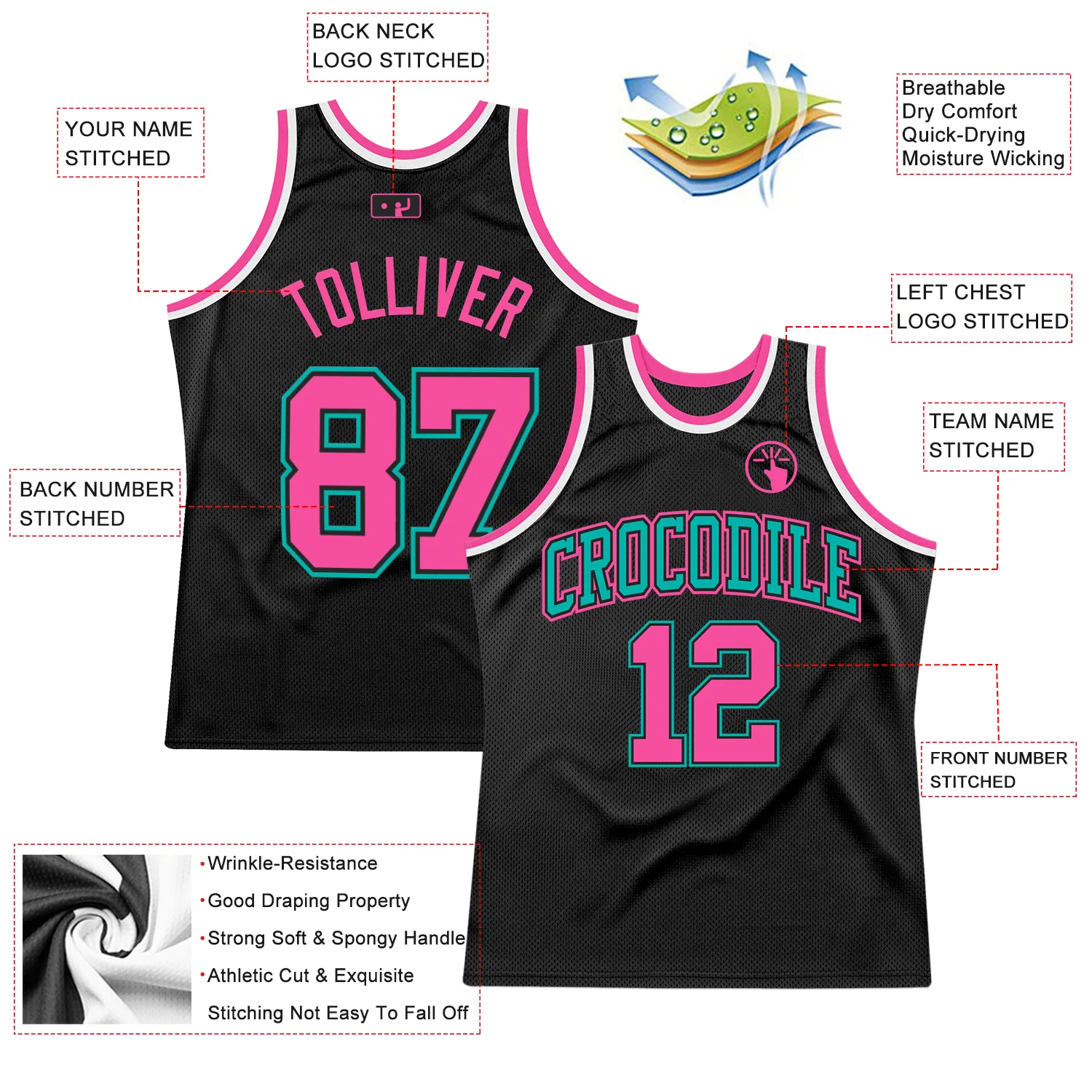 Custom Black Pink Aqua-White Authentic Throwback Basketball Jersey